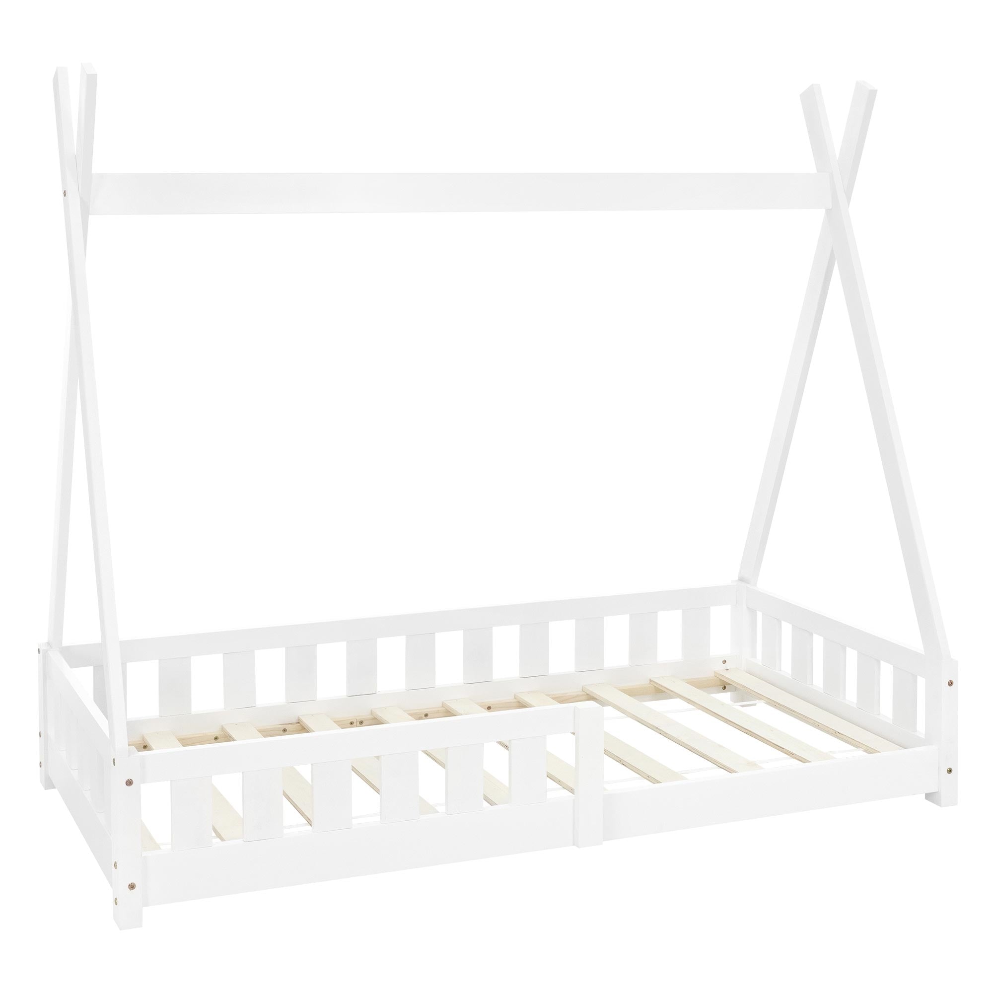 Lit d'enfant en bois blanc avec sommier à lattes et sans matelas.