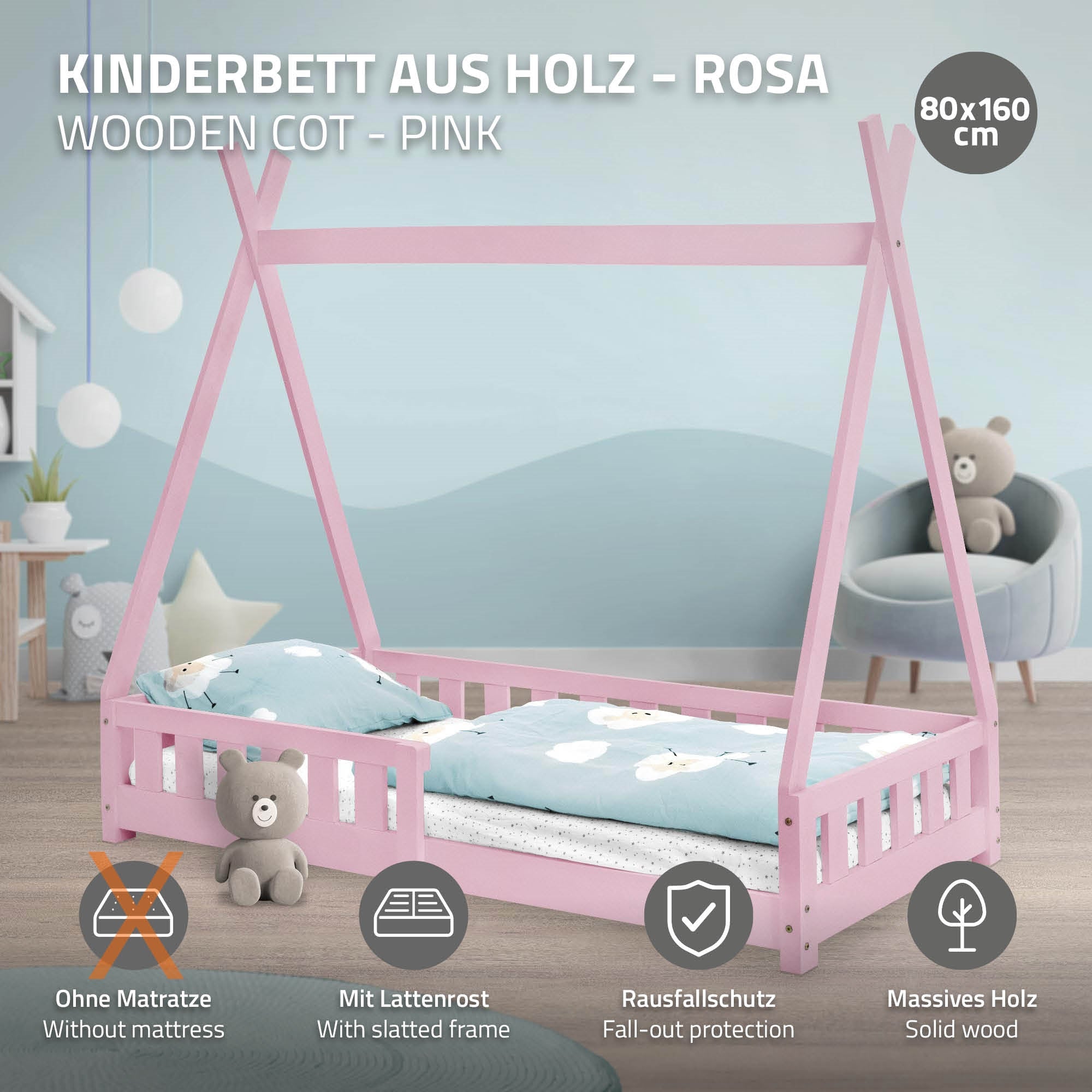 Roze kinderbed van hout met twee matrassen en valbeveiliging.