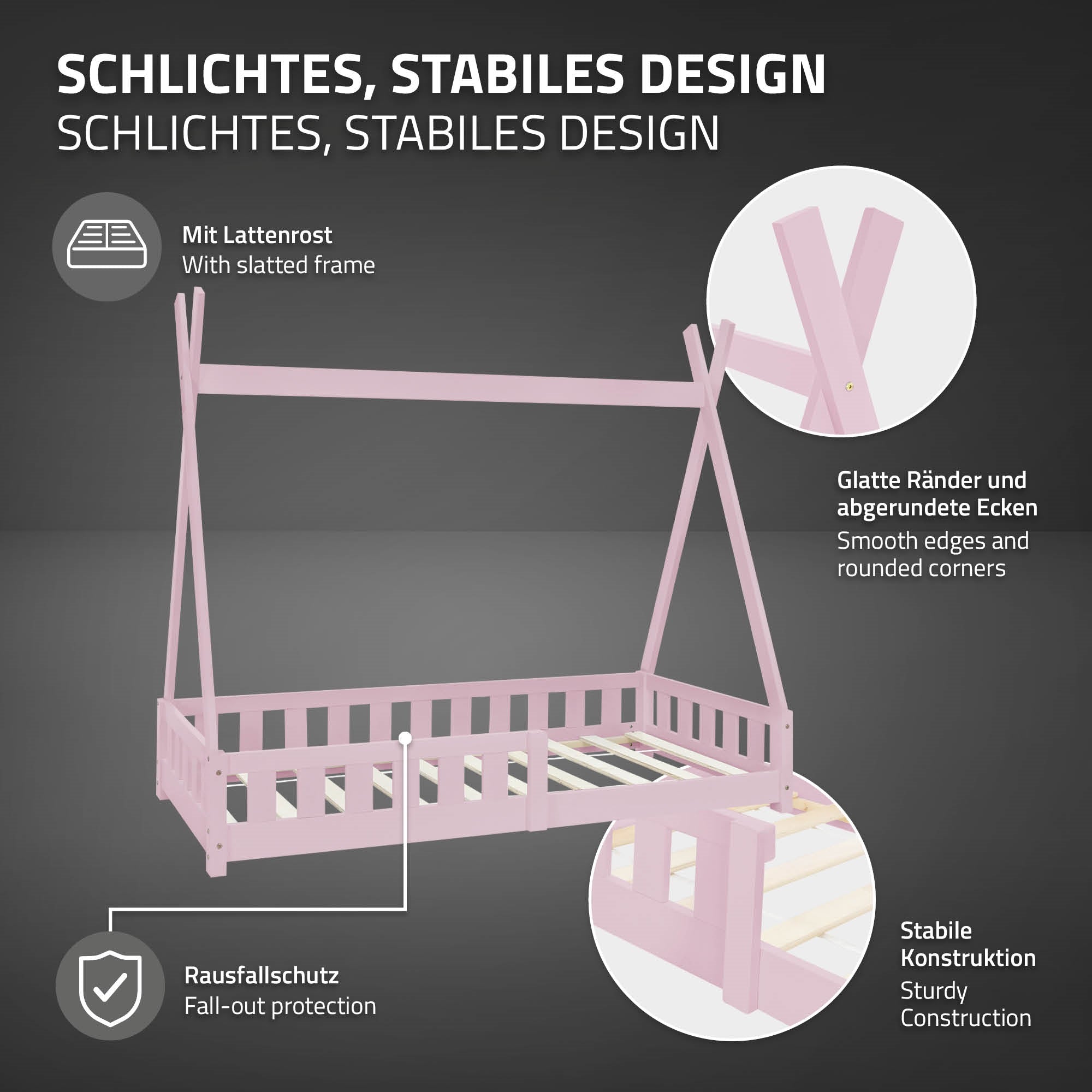 Roze kinderbed in tentvorm, lattenbodem, stabiele constructie, afgeronde hoeken.