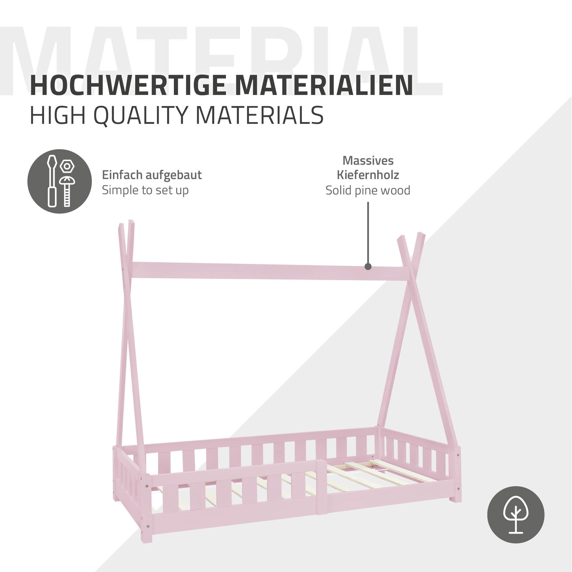 Un letto per bambini in legno massello di pino con design a tenda.