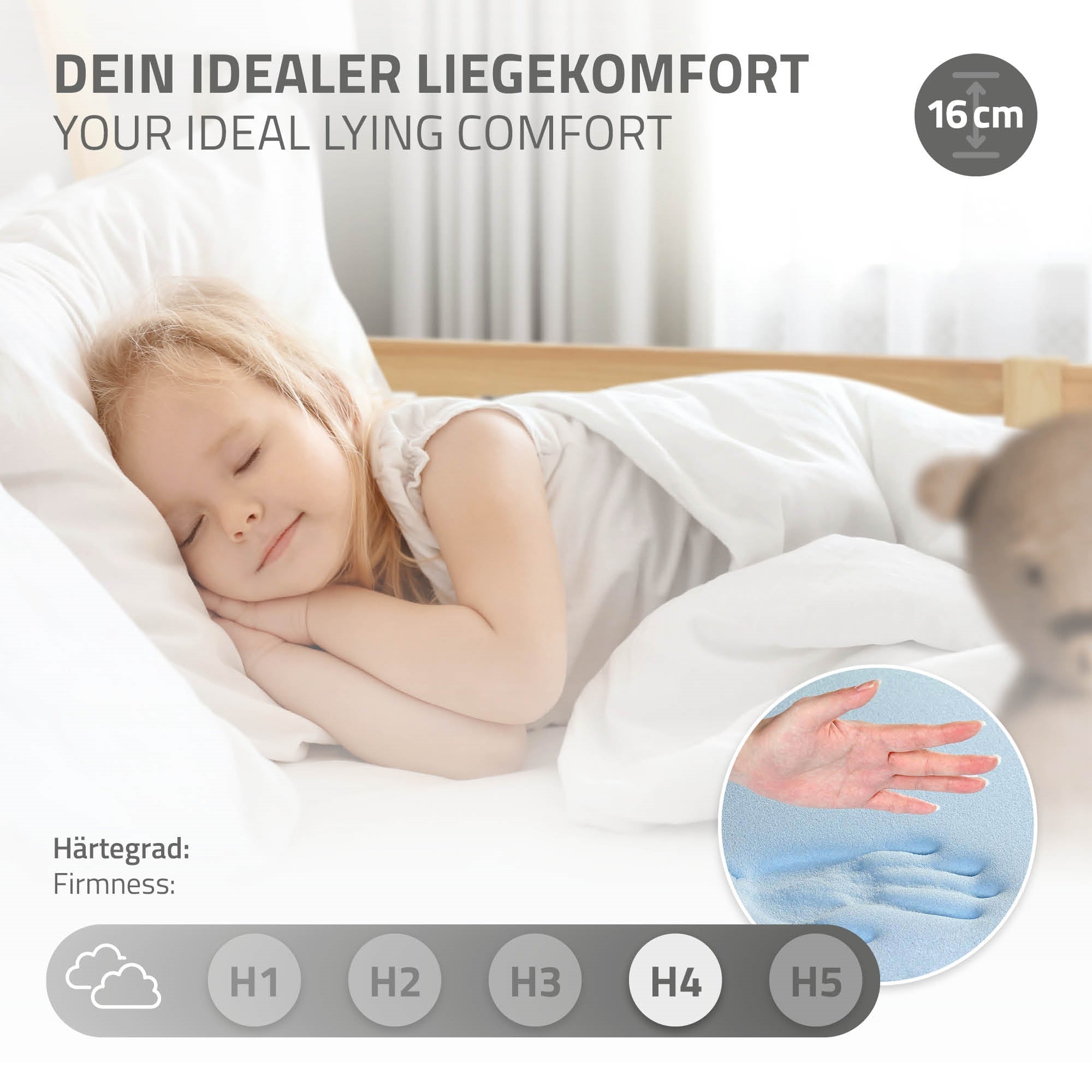 Mädchen schläft auf einem Bett, zeigt idealen Liegekomfort mit Matratze.
