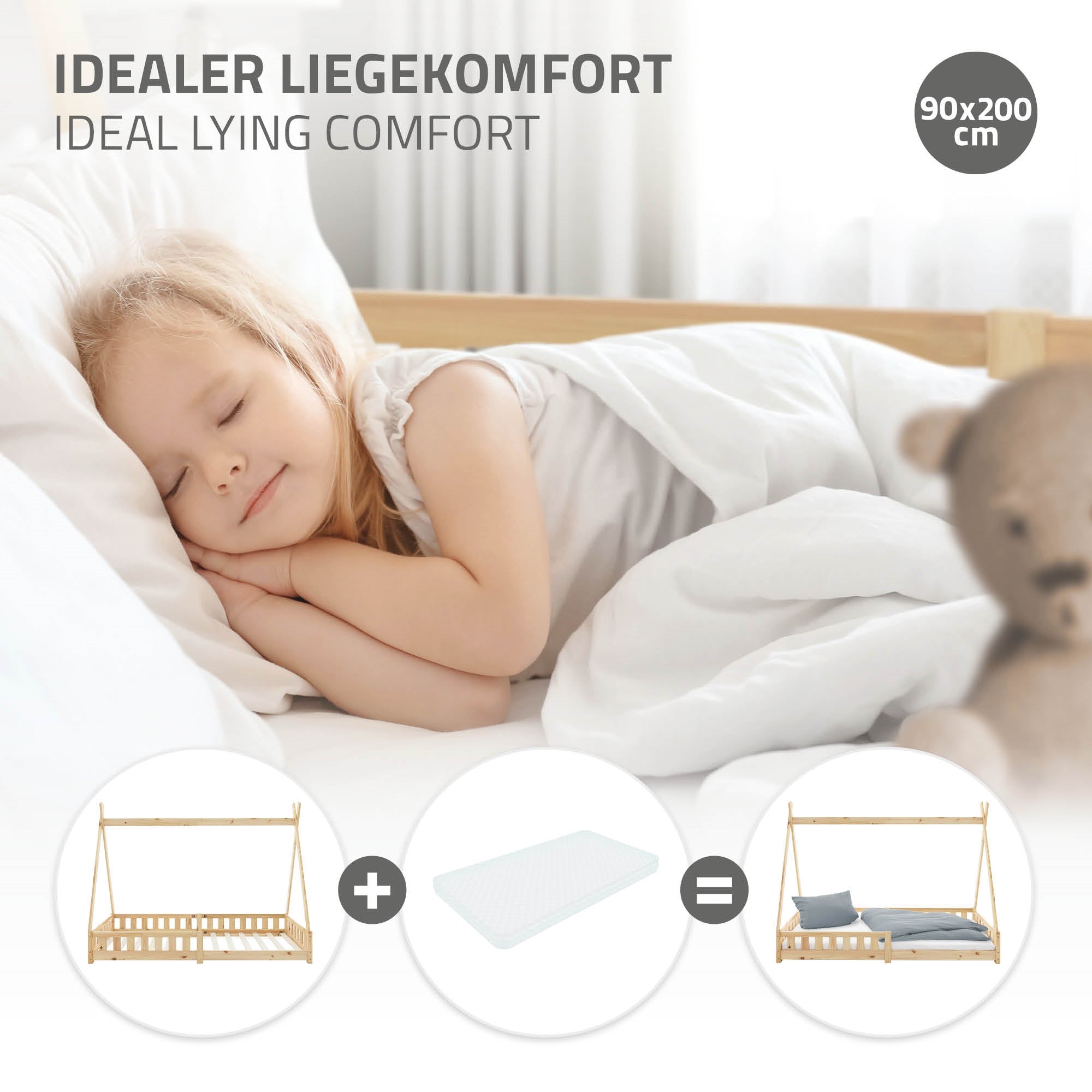 A sleeping child on a bed with a white blanket.