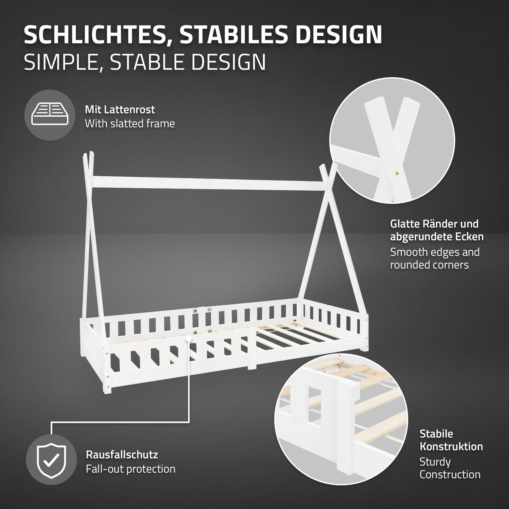 A bed with a sturdy design and a slatted frame.