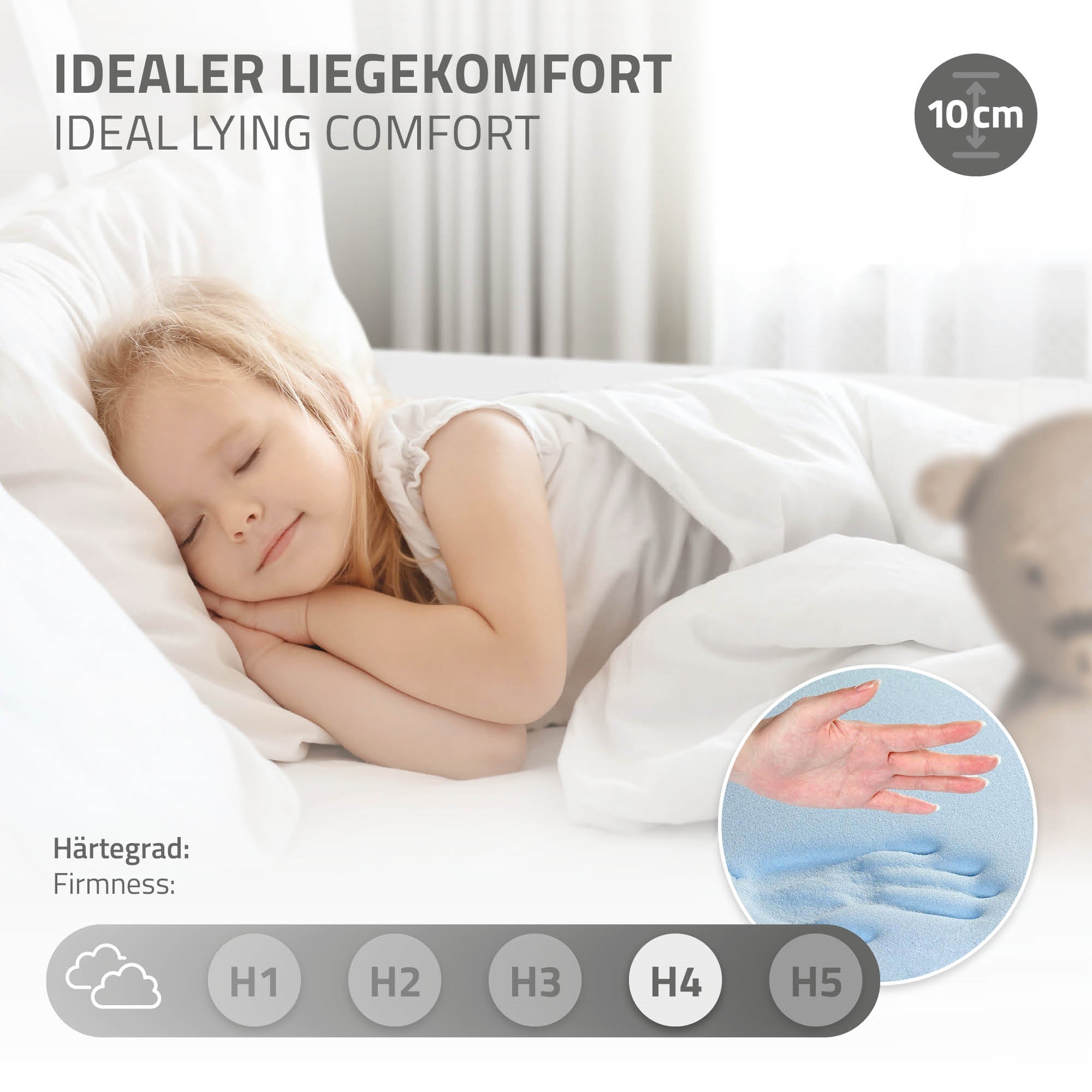 Sleeping child on bed, with pillow, 10 cm mattress, H4 firmness.