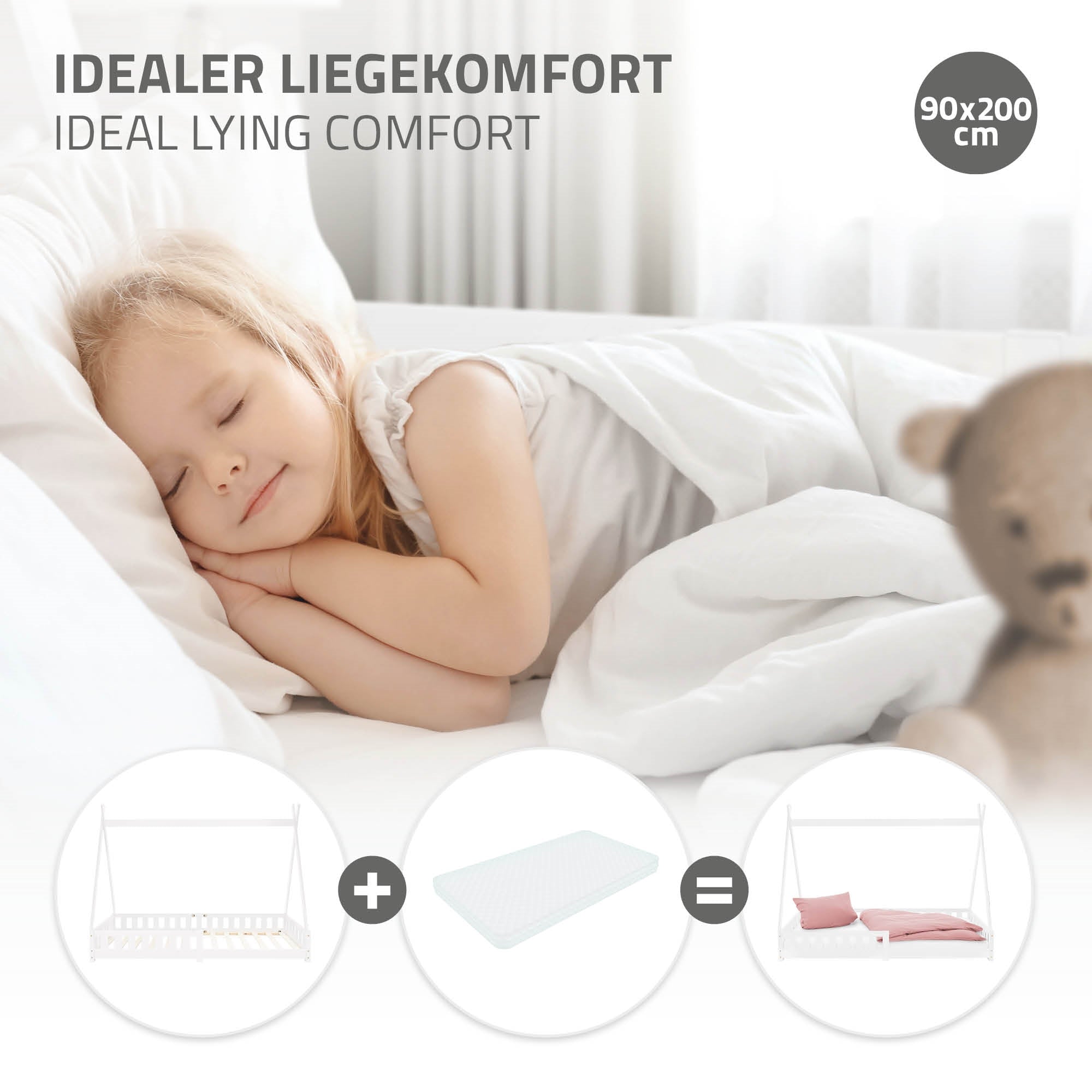 Bambino che dorme su un letto con biancheria da letto bianca.