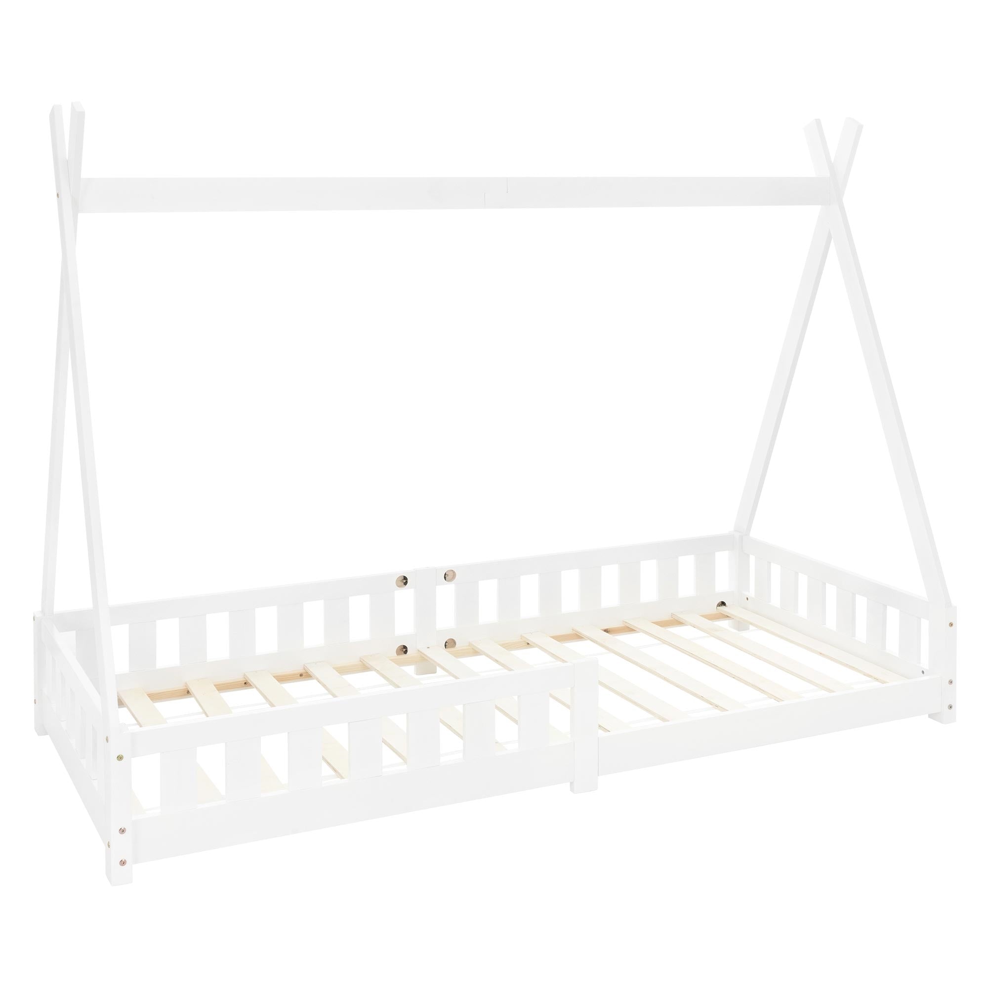 Un lit d'enfant blanc avec un sommier à lattes et sans matelas.