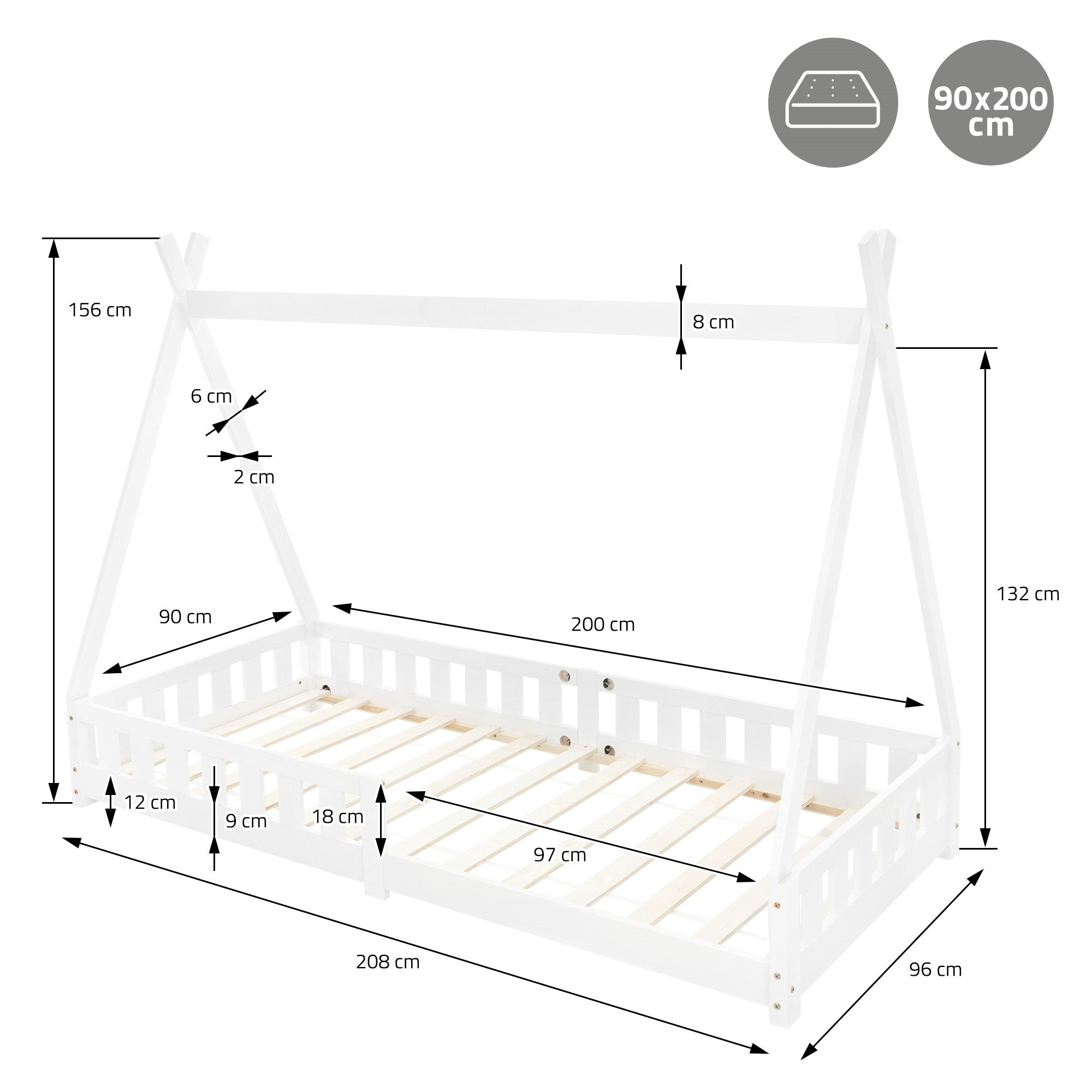 Dimension drawing of a bed with dimensions 90x200 cm.