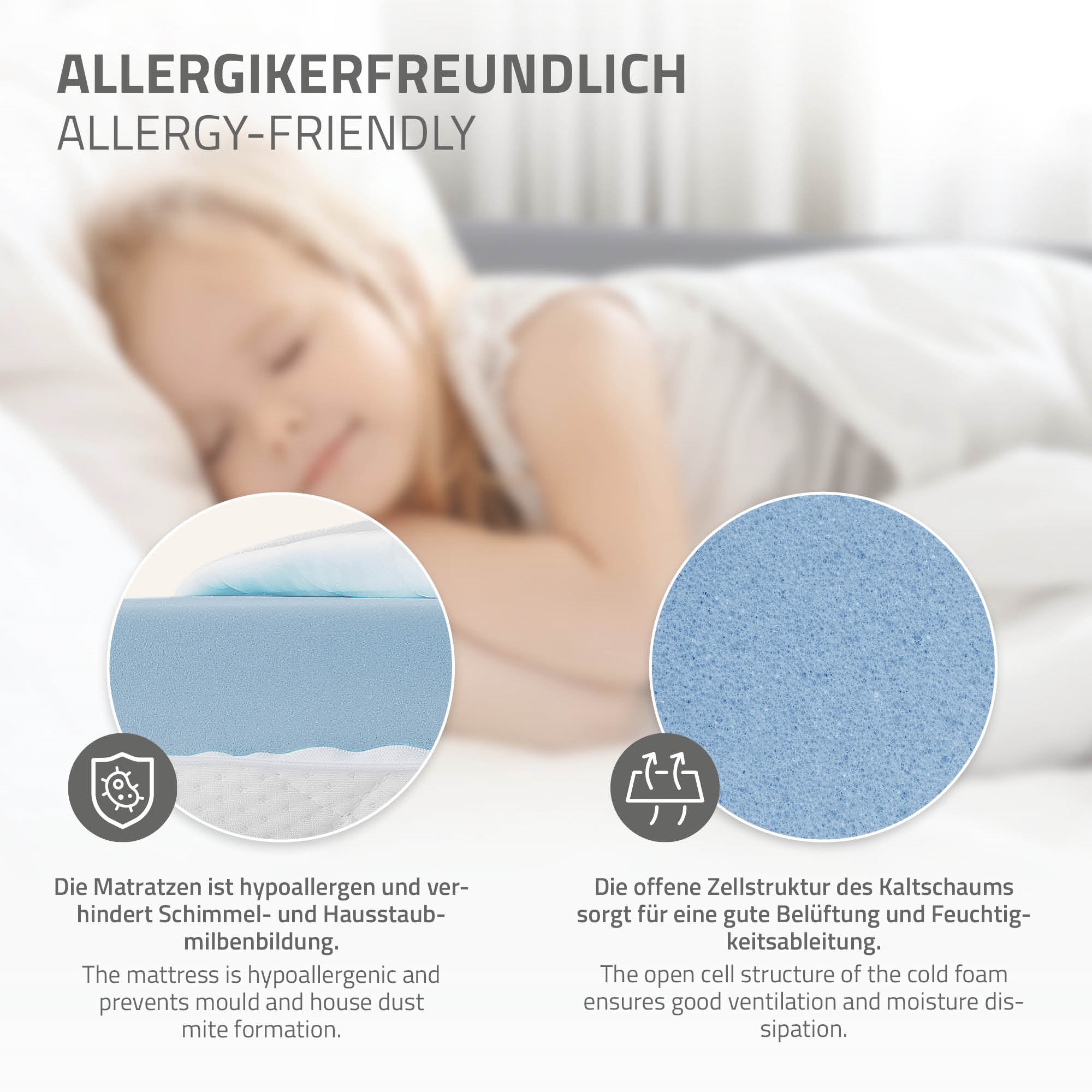 Close-up of a hypoallergenic mattress with blue foam layer.