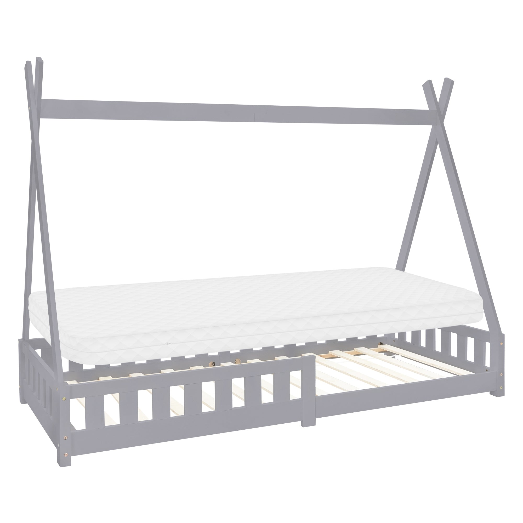Bed frame in gray color with mattress, in tent style.
