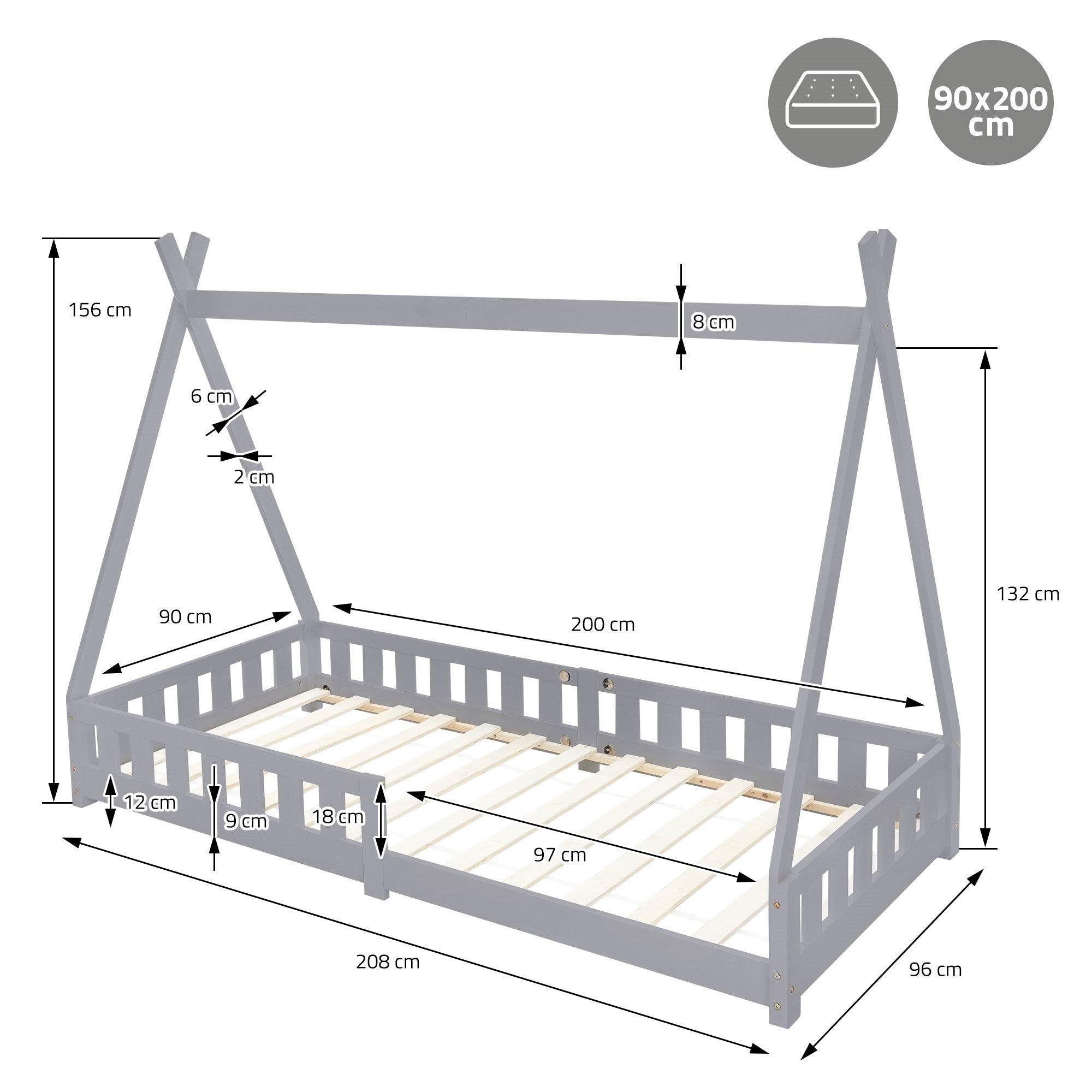 Bed with dimensions 90x200 cm and detailed measurements.