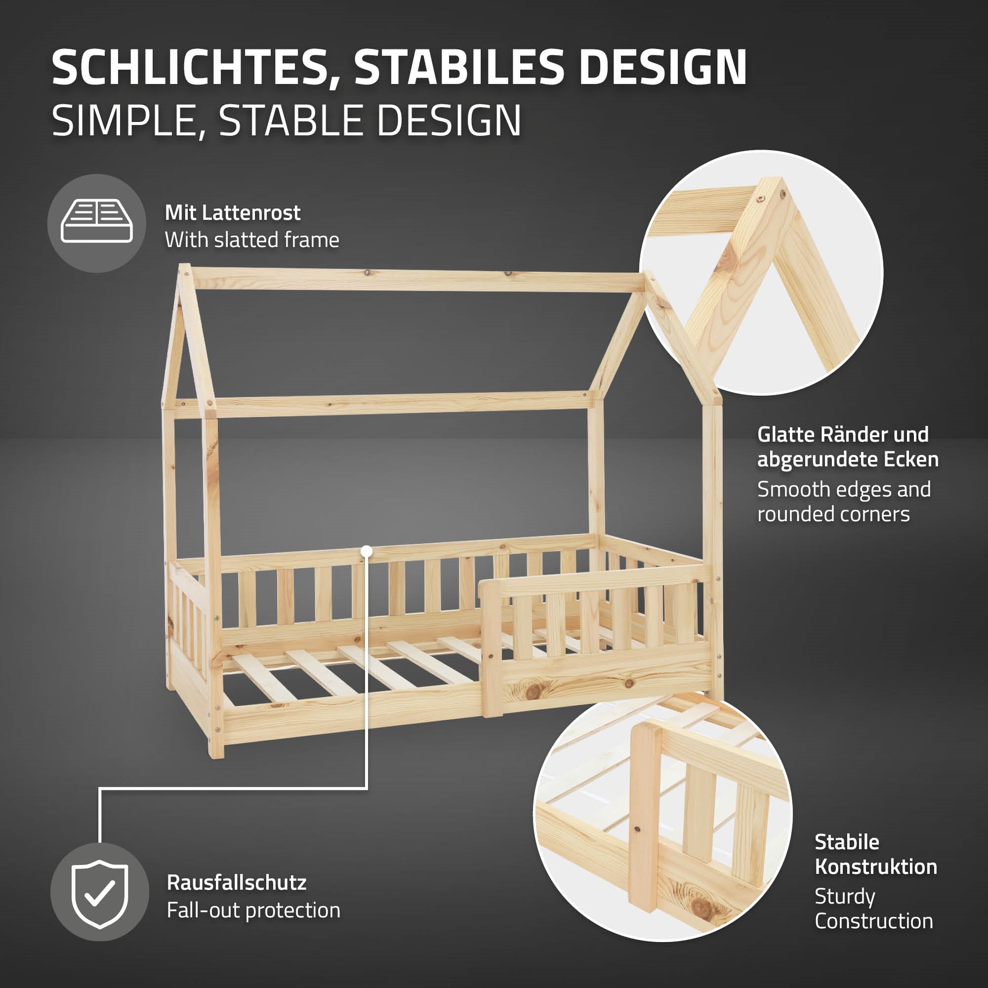Cama de madera clara con techo inclinado y protección contra caídas.