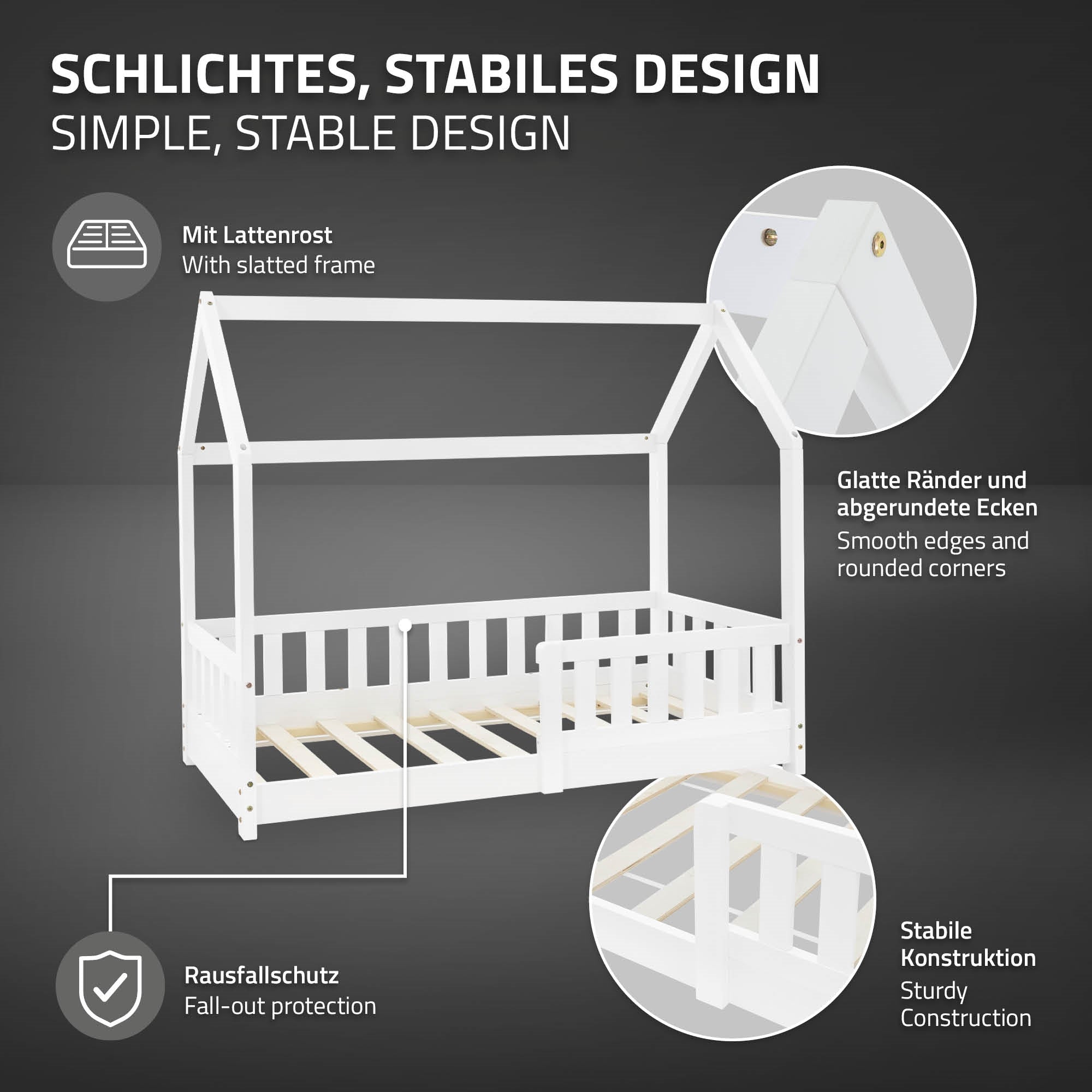 Bett mit schrägem Dach, slatted frame, glatte Ränder und Rausfallschutz.