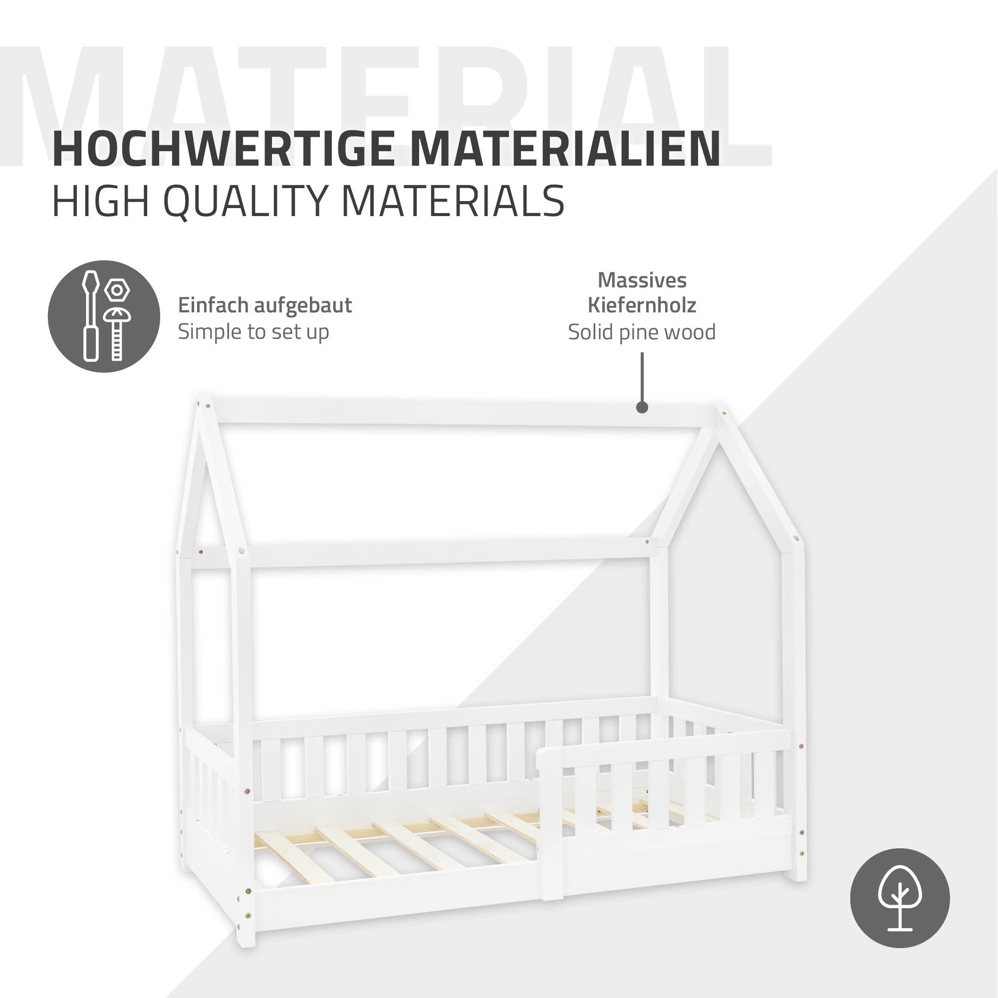 Houten bed in huisontwerp van massief vurenhout.