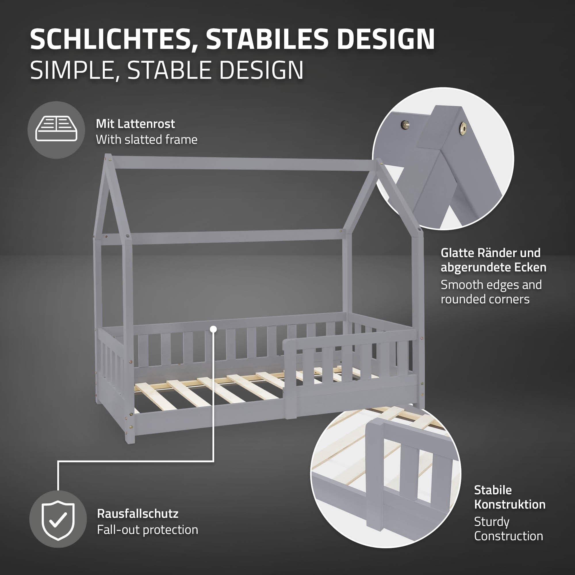 Lit en bois gris pour enfants avec protection des lattes et protection contre les chutes.