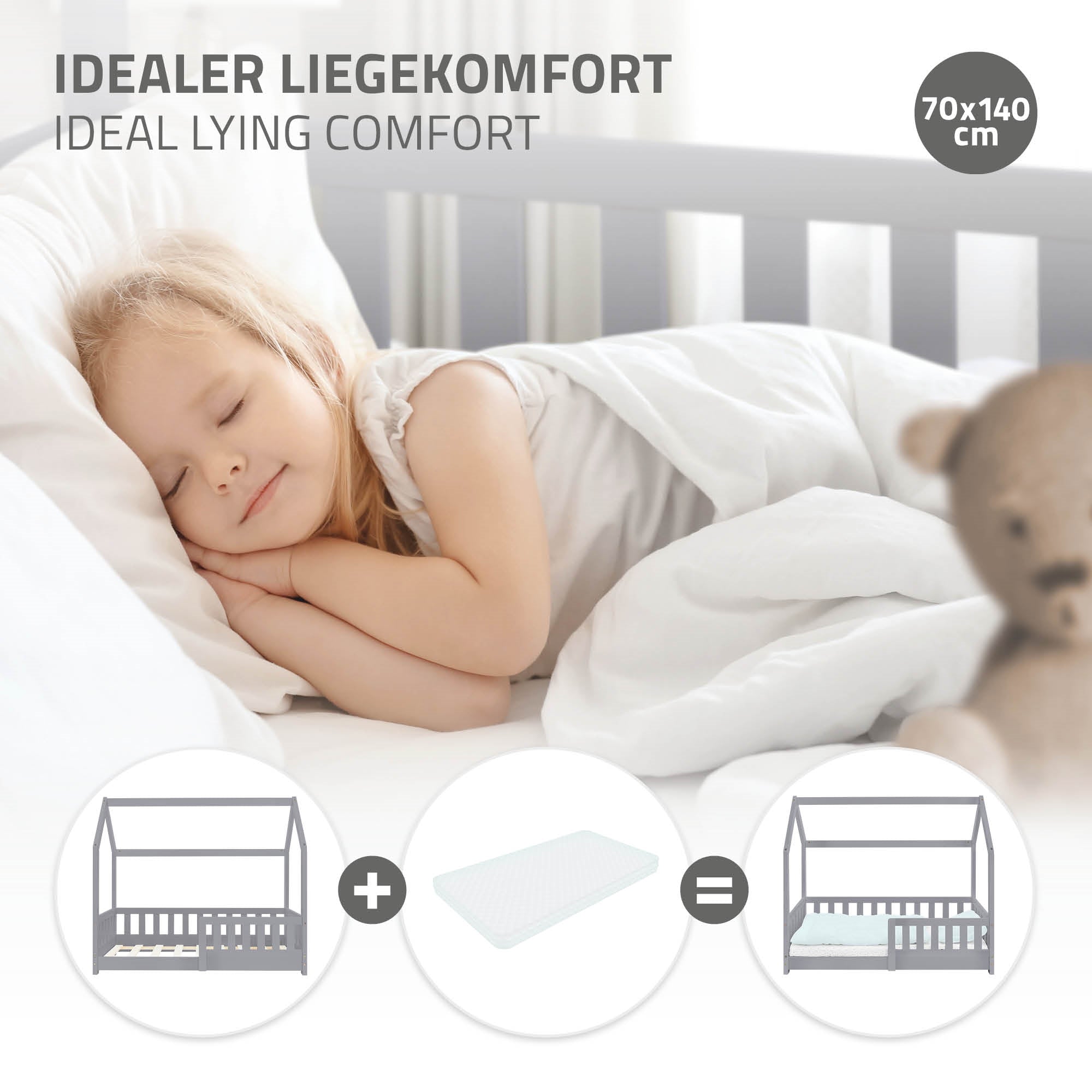 Un enfant dort dans un lit avec une housse de matelas blanche.