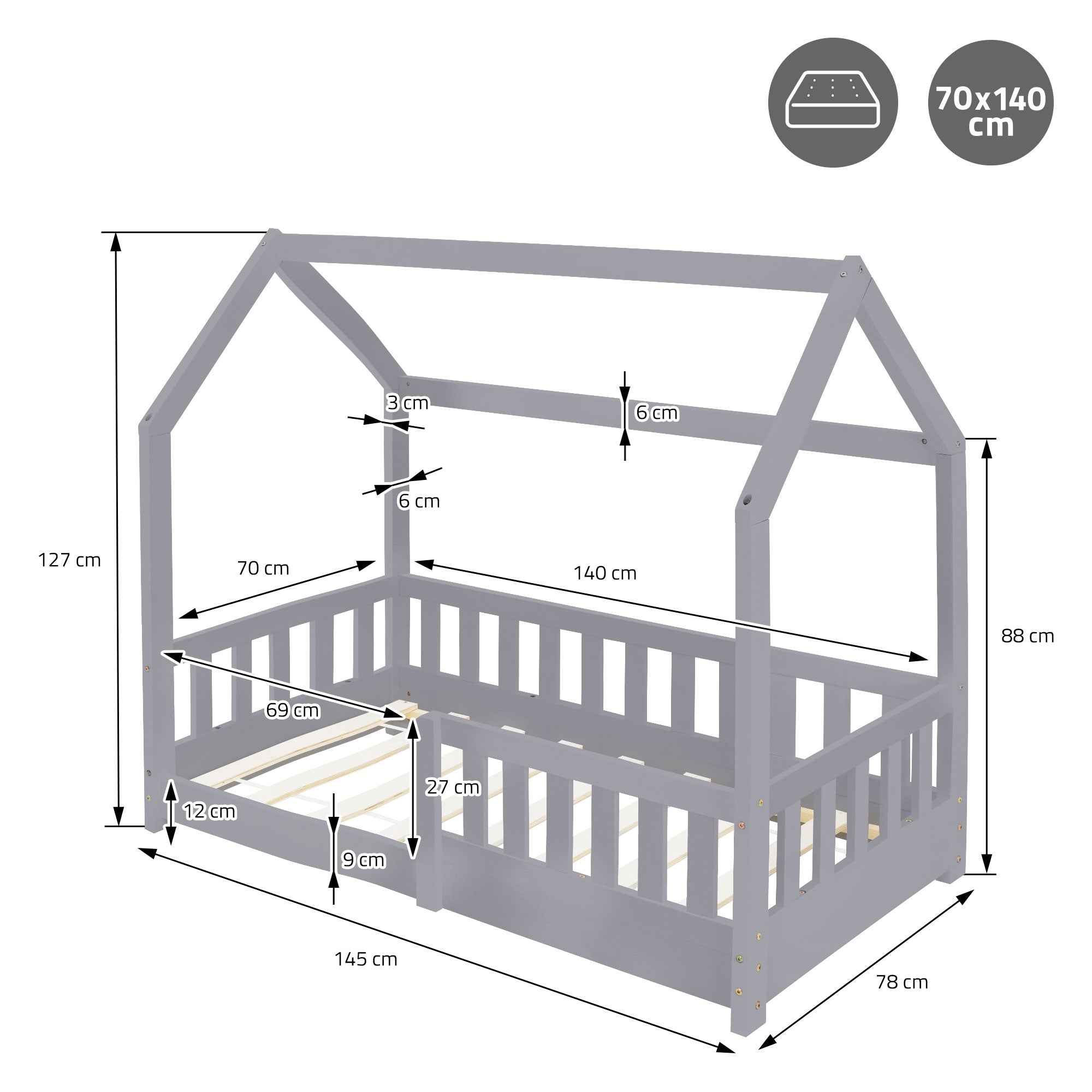 Construction drawing of a children's bed with dimensions and details.