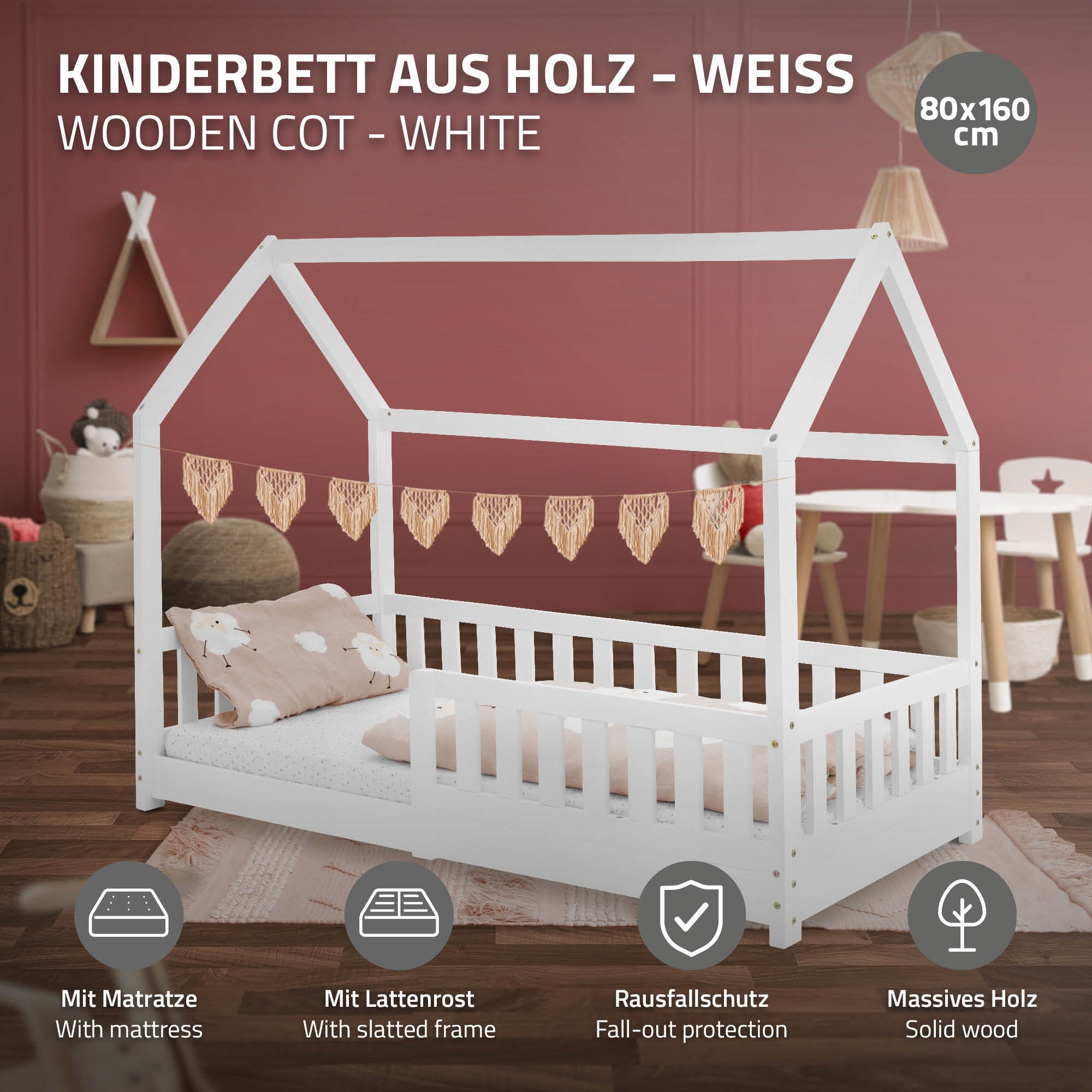 Weißes Kinderbett aus Holz mit Matratze und Rausfallschutz.