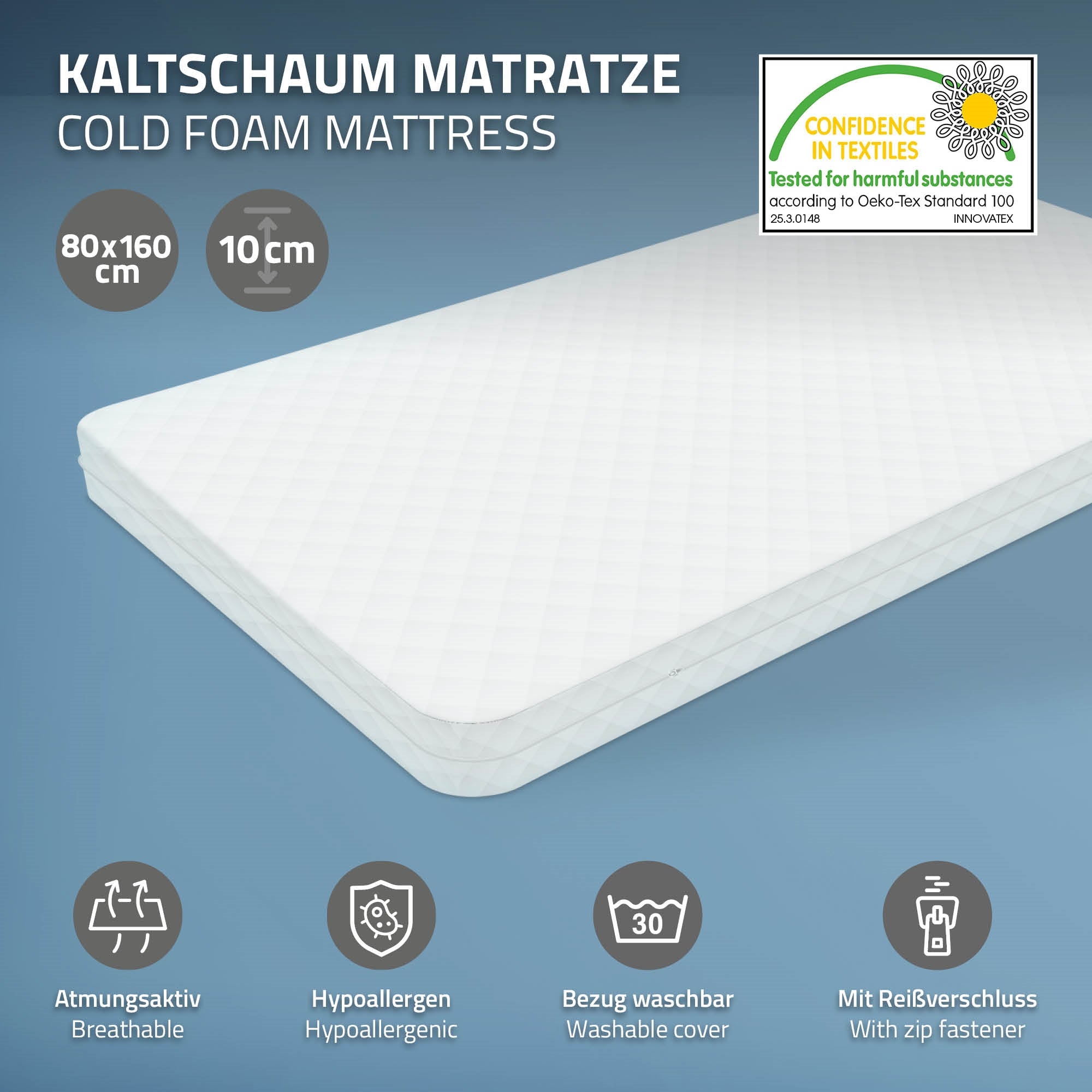 Kaltschaummatratze in weiß mit abgerundeten Ecken und Reißverschluss.