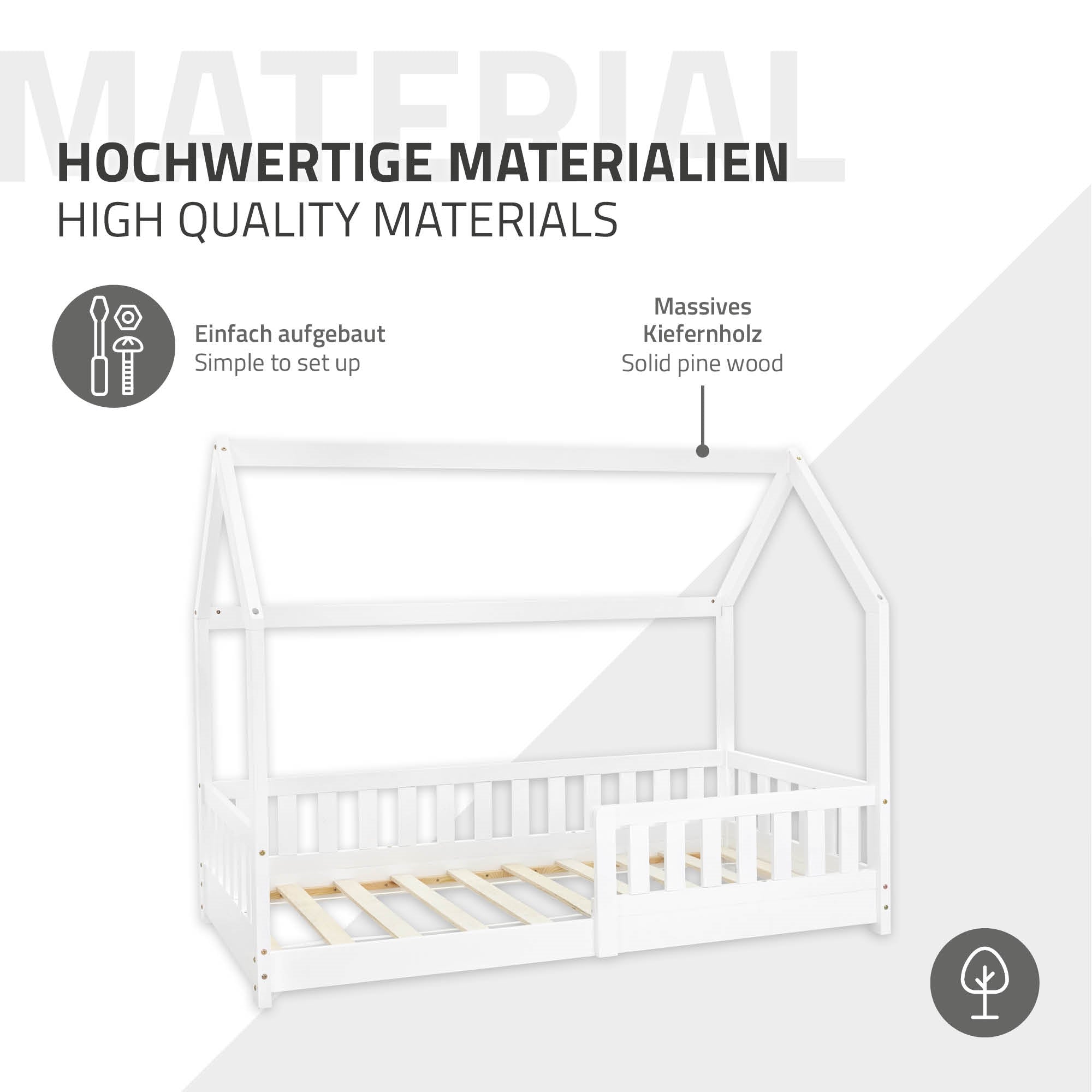 Weißes Kinderbett aus massivem Kiefernholz mit einfacher Aufbauanleitung.