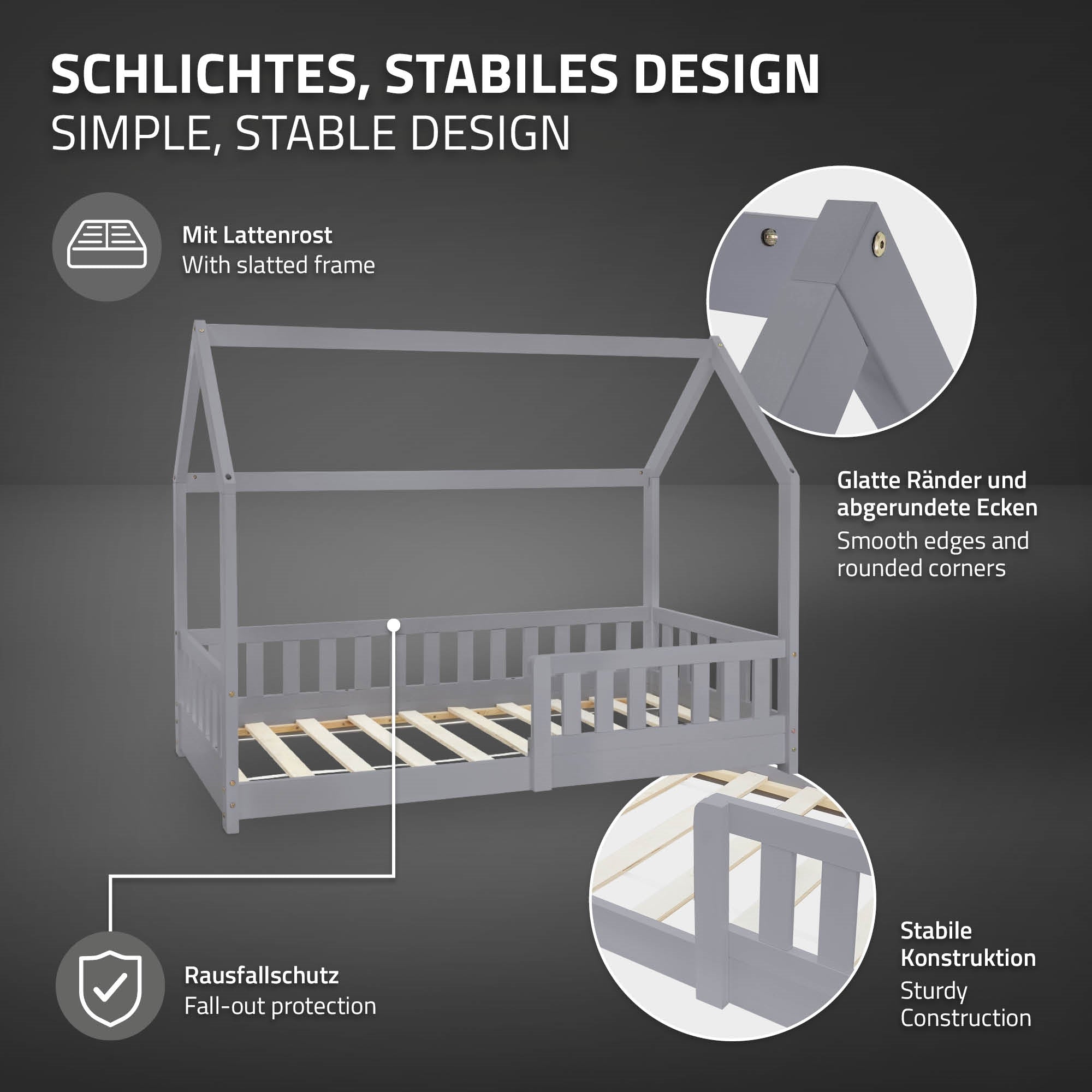 Bett mit Dachkonstruktion, grauer Rahmen, slatted frame, stabile Ecken.