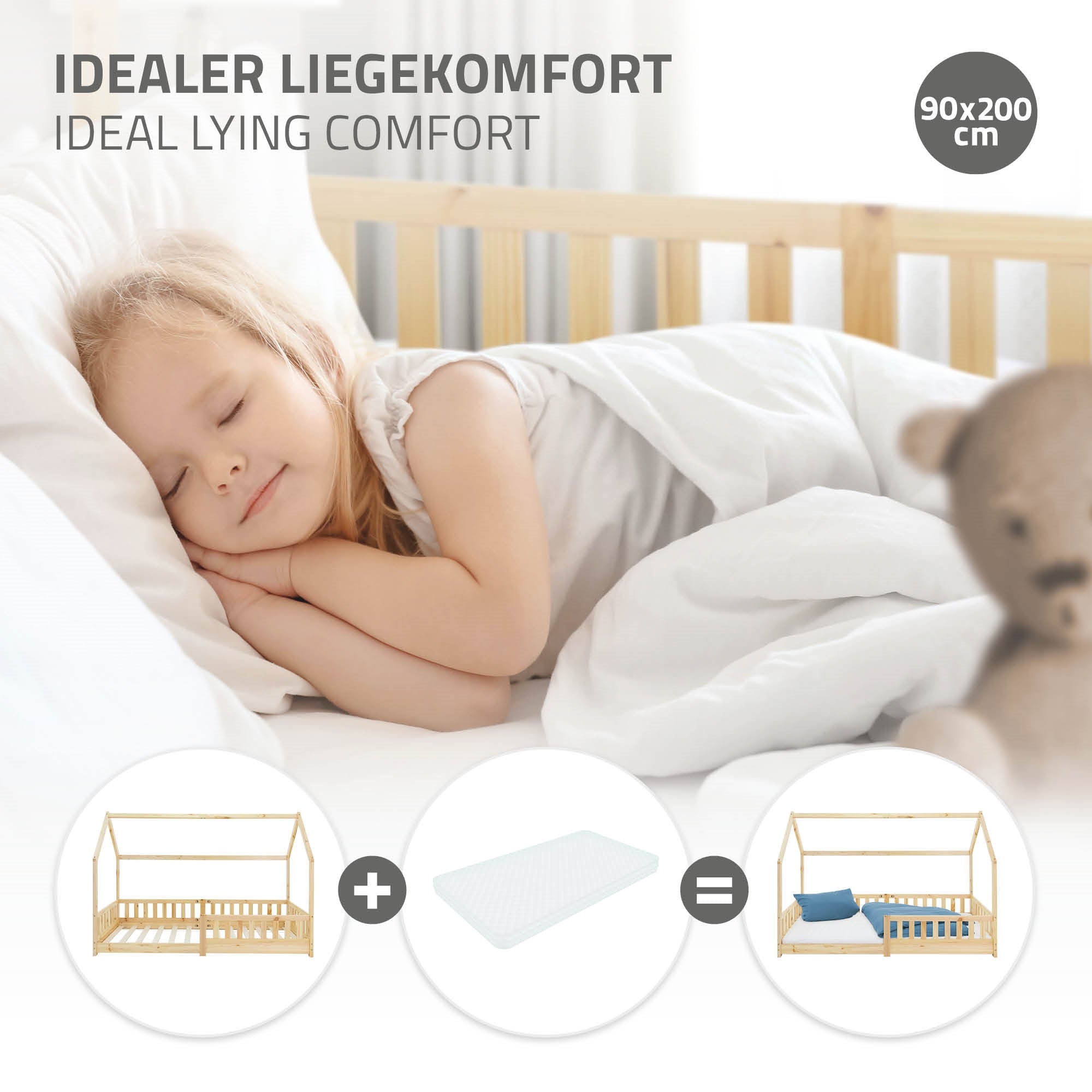 Ein schlafendes Kind in einem Bett mit einer Decke und einem Kissen.