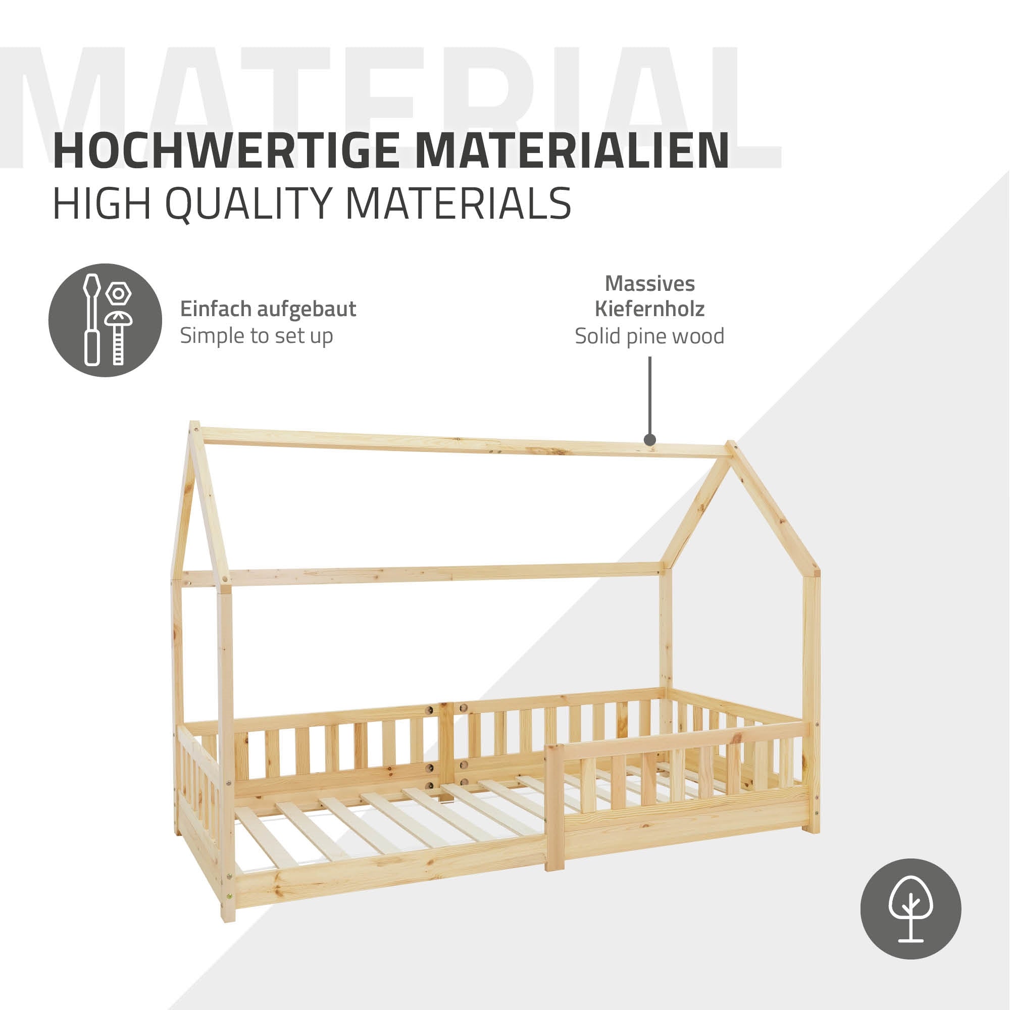 Ein Bett aus massivem Kiefernholz mit einem Dachgestell.