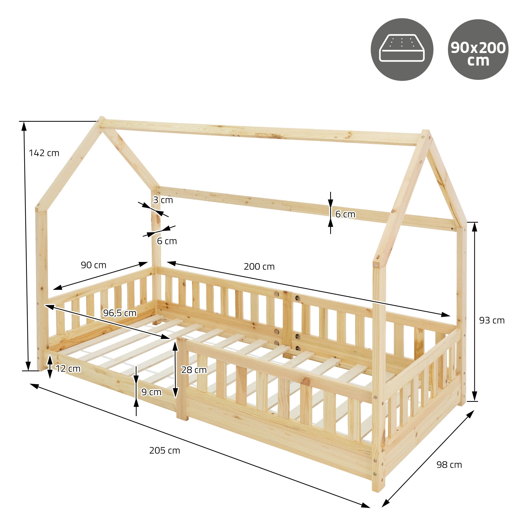 Houten kinderbed in huisvorm met maatgegevens en afmetingen.