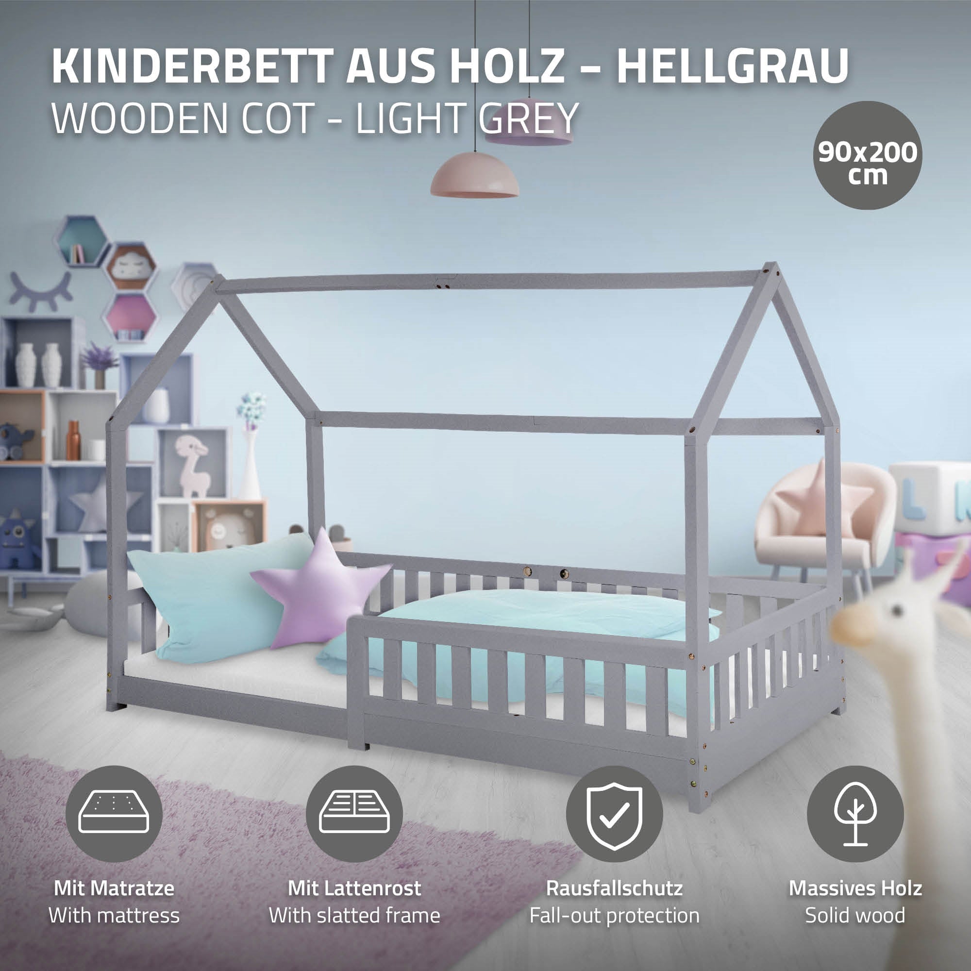 Cama infantil de madera en gris claro, con colchón y protección contra caídas, 90x200 cm.