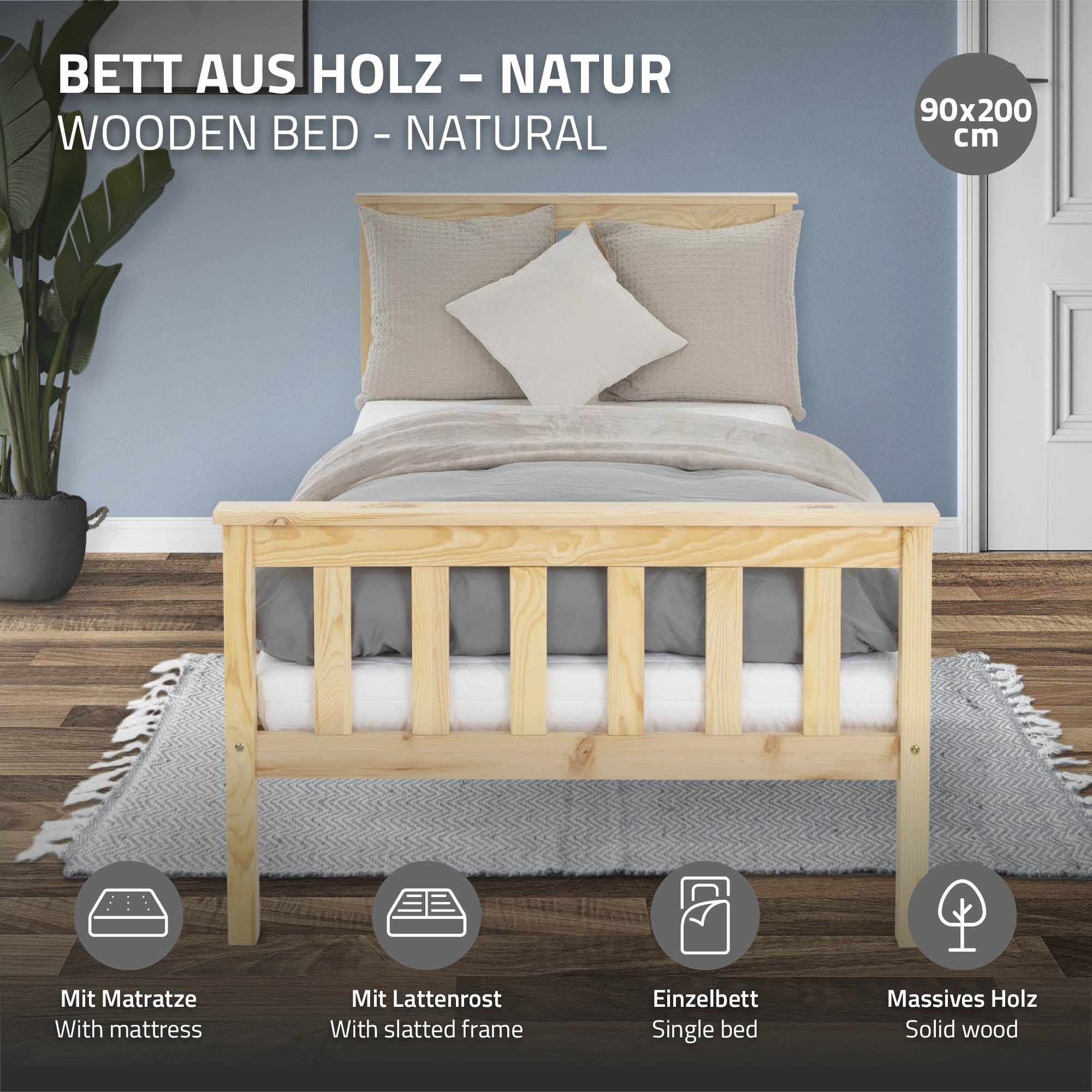 Holzbett in natur, 90x200 cm, mit Matratze und Kissen, auf einem Teppich.