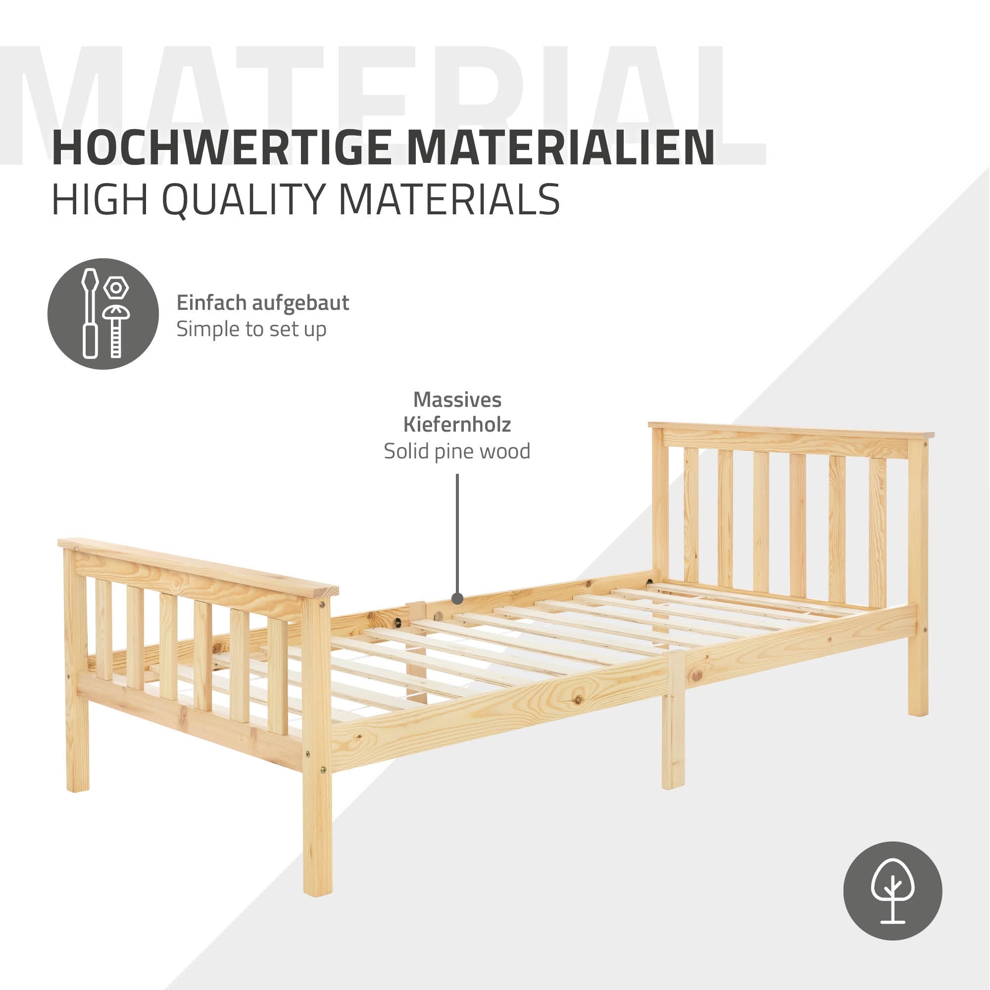 Ein Bett aus massivem Kiefernholz mit einer einfachen Aufbauanleitung.