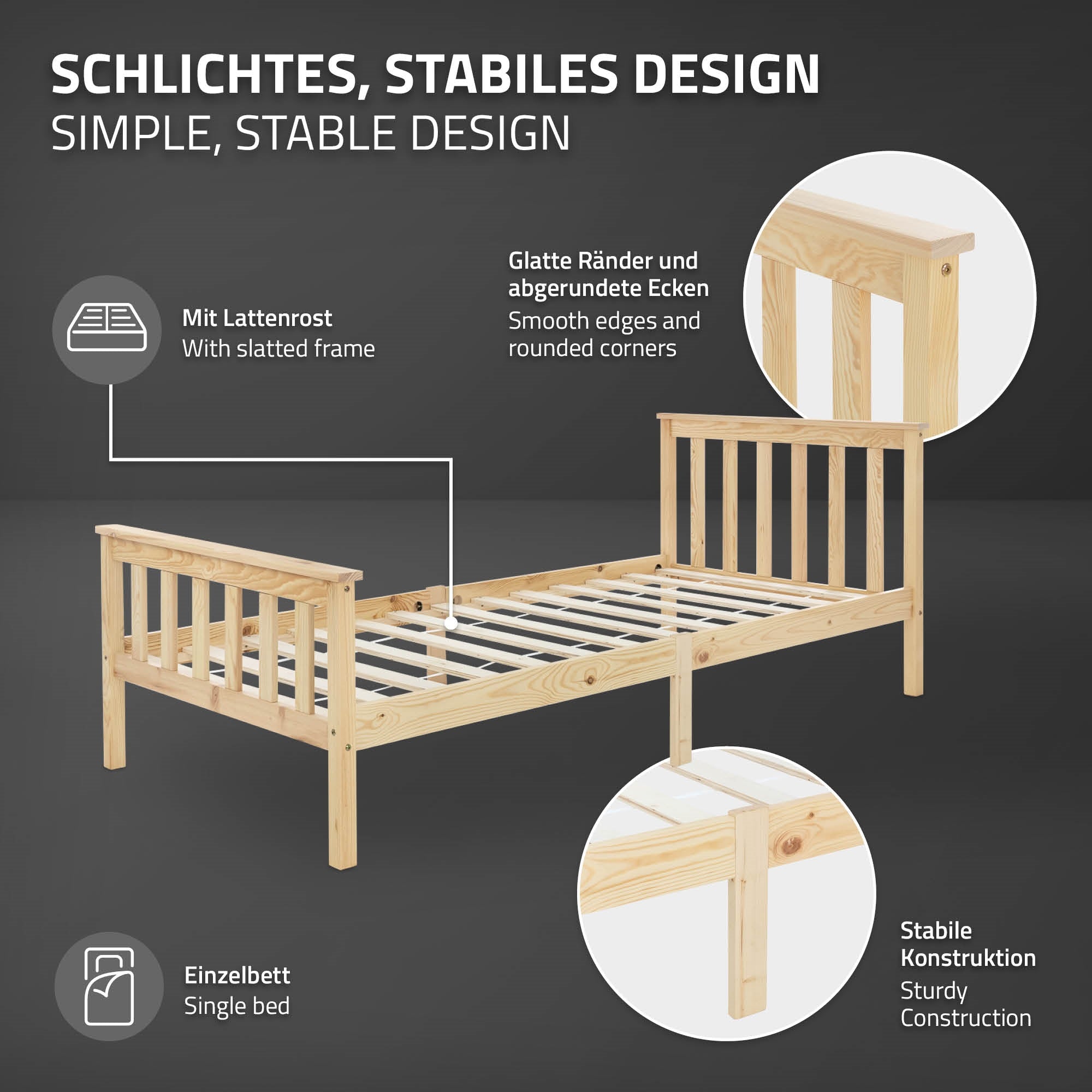 Ein einfaches Bett mit slatted frame und stabiler Konstruktion.