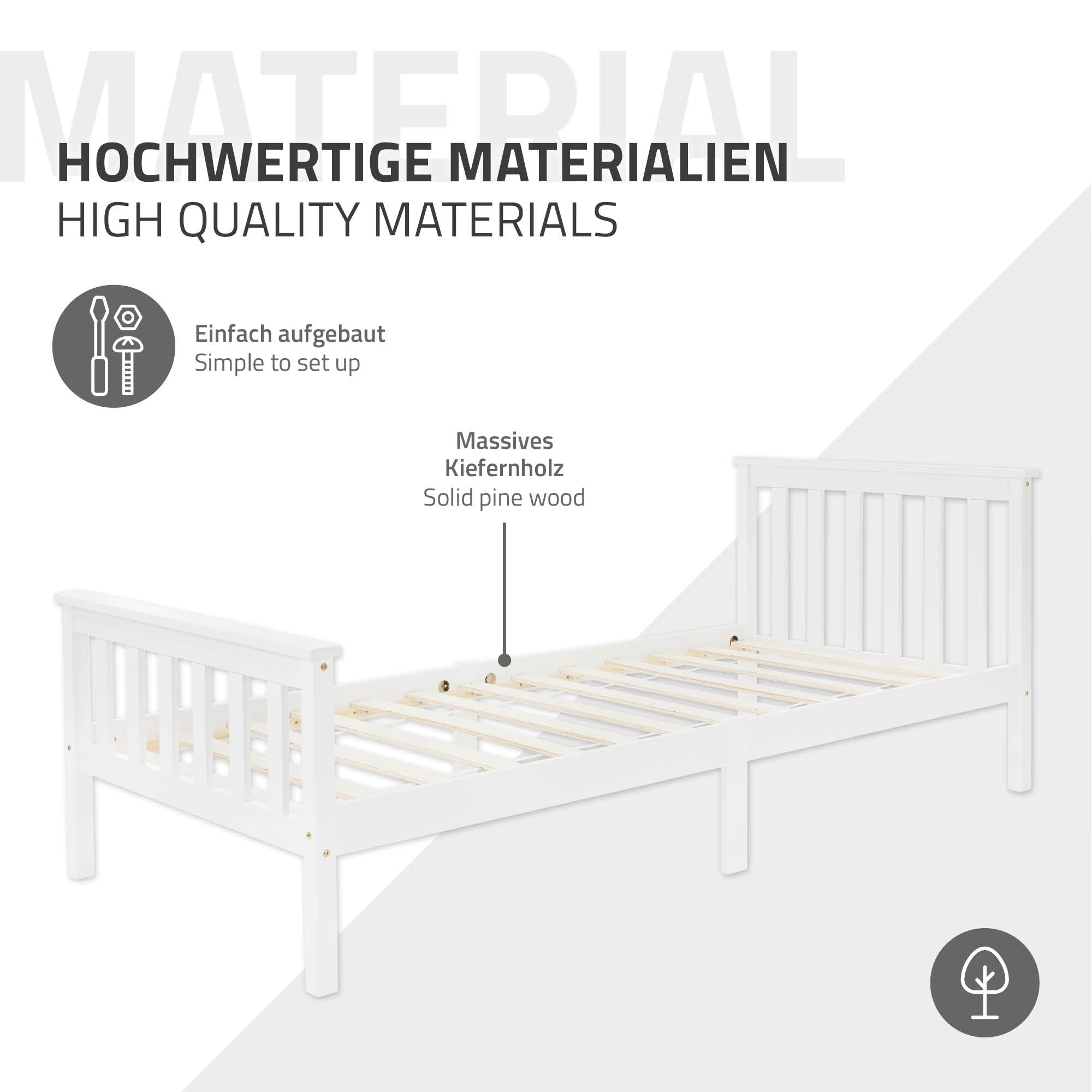 Einzelbett aus massivem Kiefernholz, einfach aufzubauen.