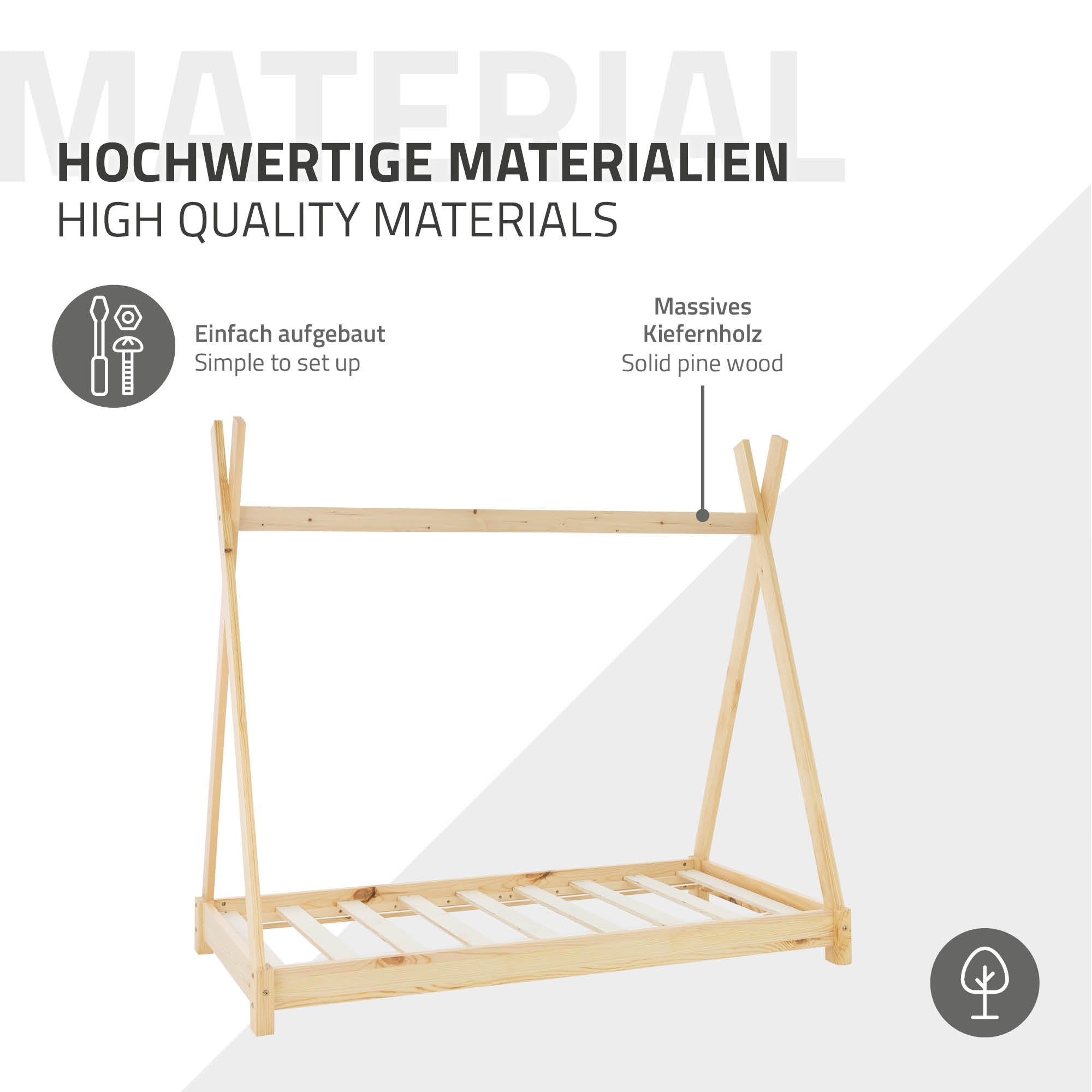 Holz-Kinderbett mit slatted frame, einfache Montage, aus massivem Kiefernholz.