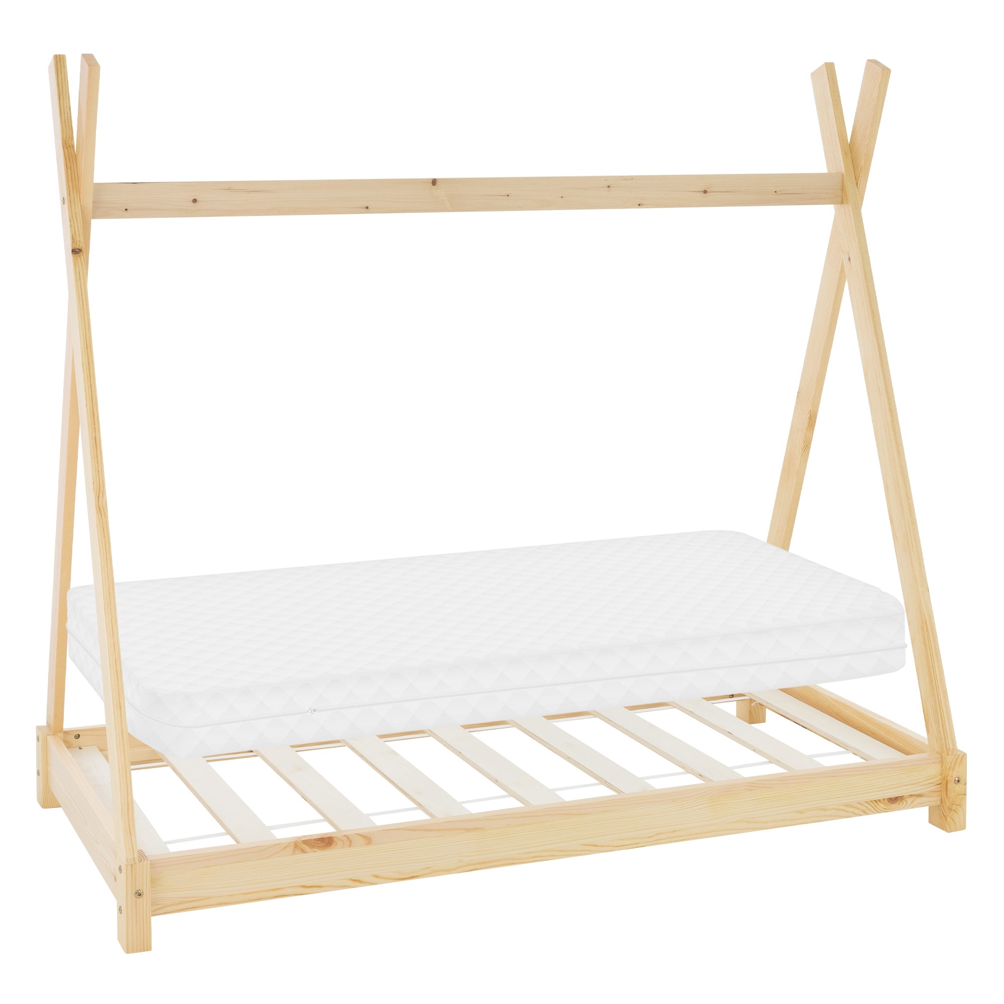 Bedframe met matras, in licht hout, in minimalistisch ontwerp.