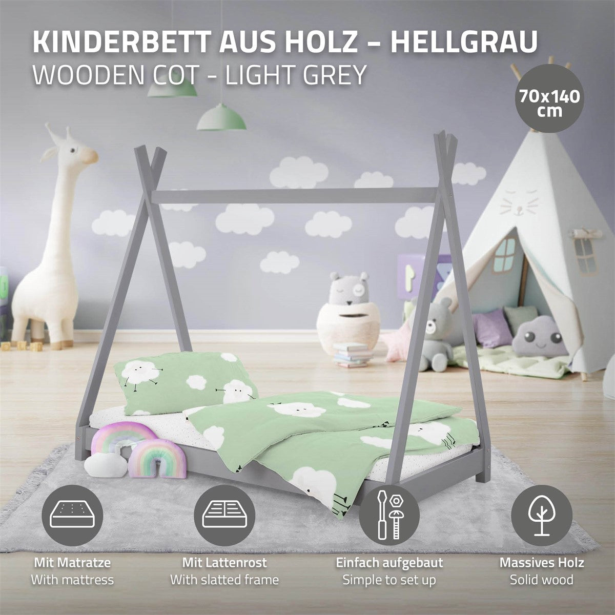 Houten kinderbed in lichtgrijs met matras en lakens.