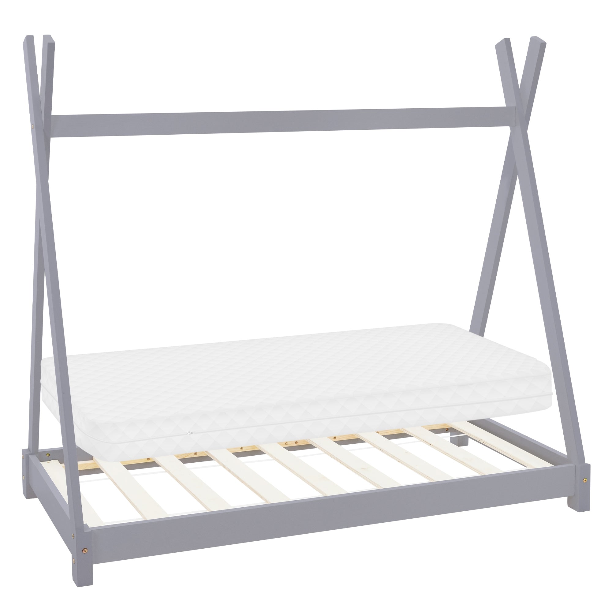 Grijs kinderbed met dakvorm en matras, zonder beddengoed.