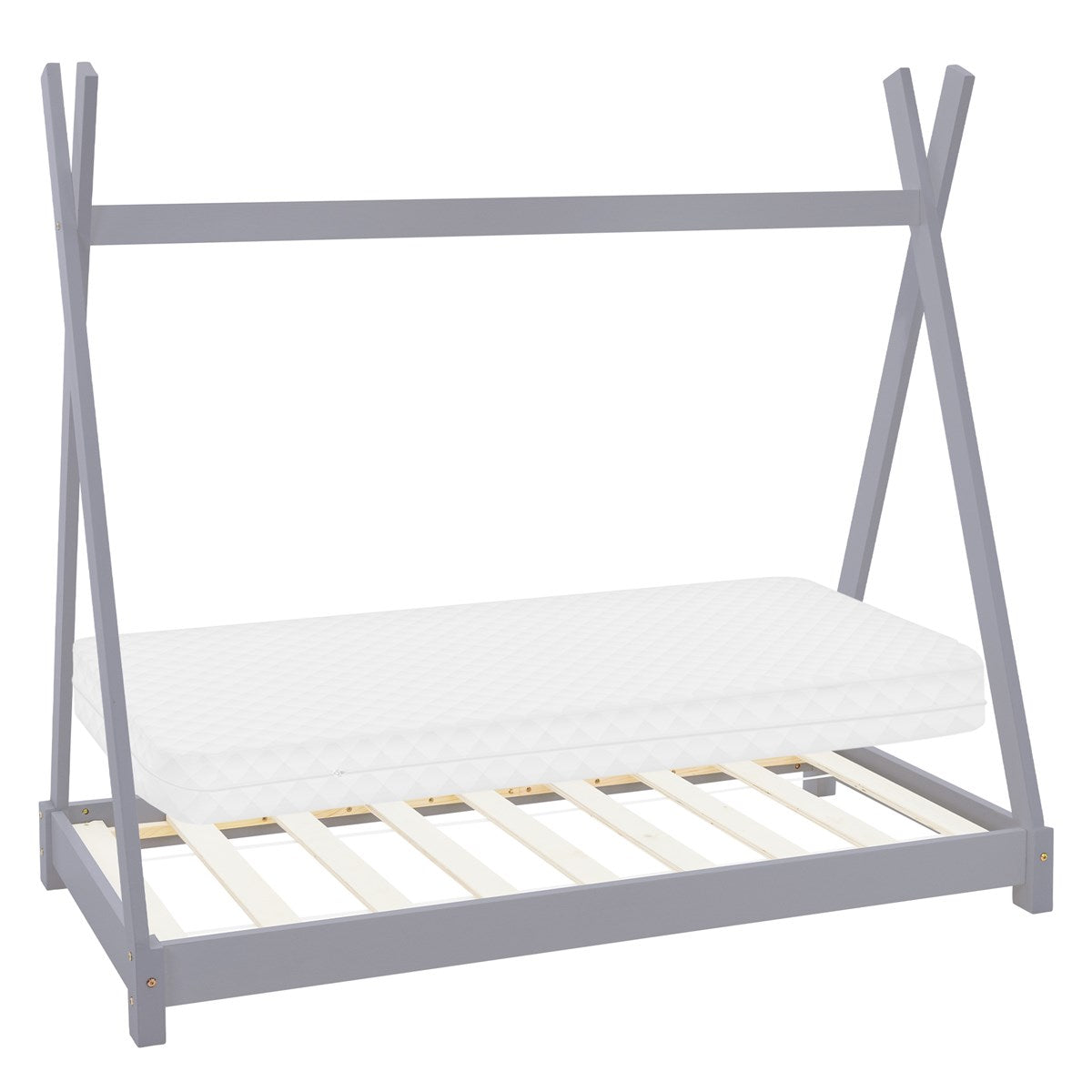 Grijs kinderbed met dakvorm en matras, zonder beddengoed.