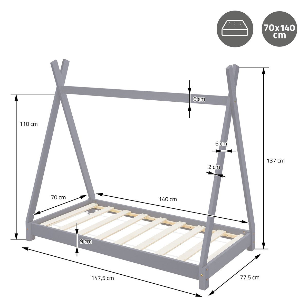 Technische tekening van een kinderbed met afmetingen in cm.
