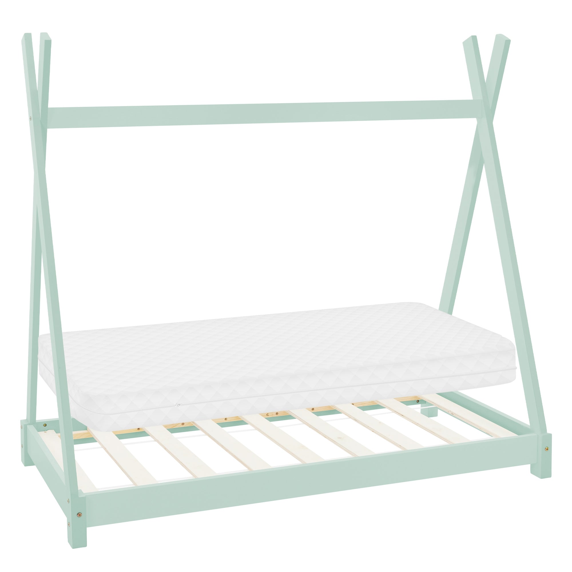 Un cadre de lit minimaliste de couleur menthe sans matelas.