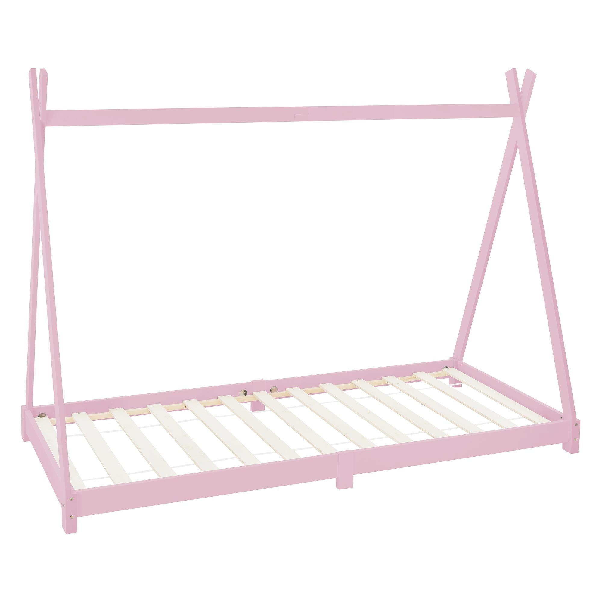 Un lit d'enfant rose avec un sommier à lattes et sans matelas.