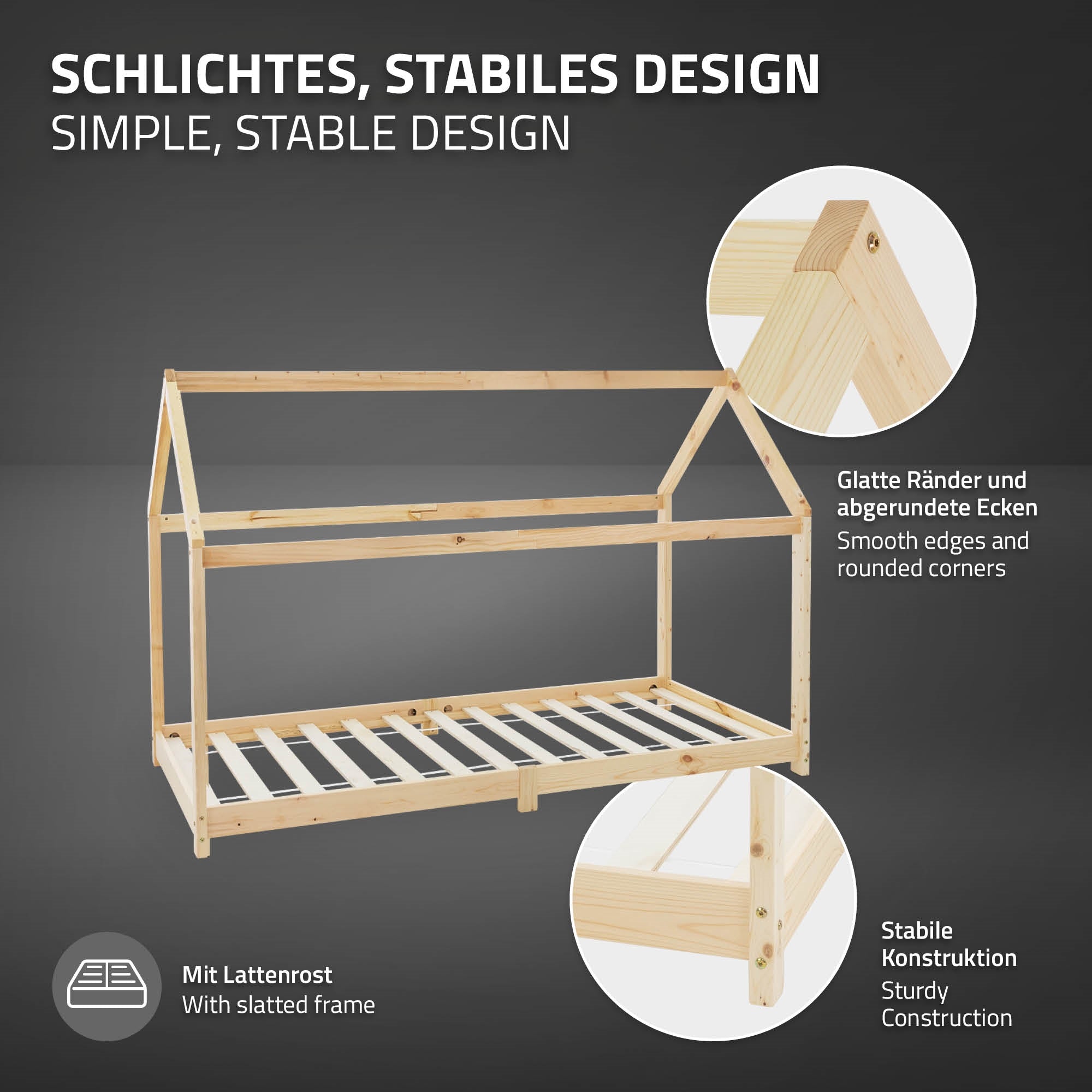 Een houten bedframe in de vorm van een huis met lattenbodem.