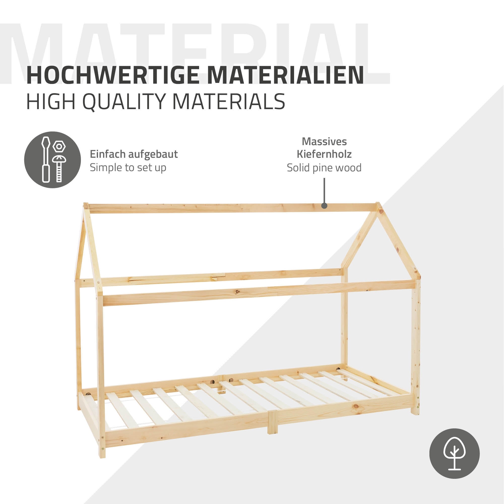 Een houten bed met een eenvoudig ontwerp en een lattenbodem.