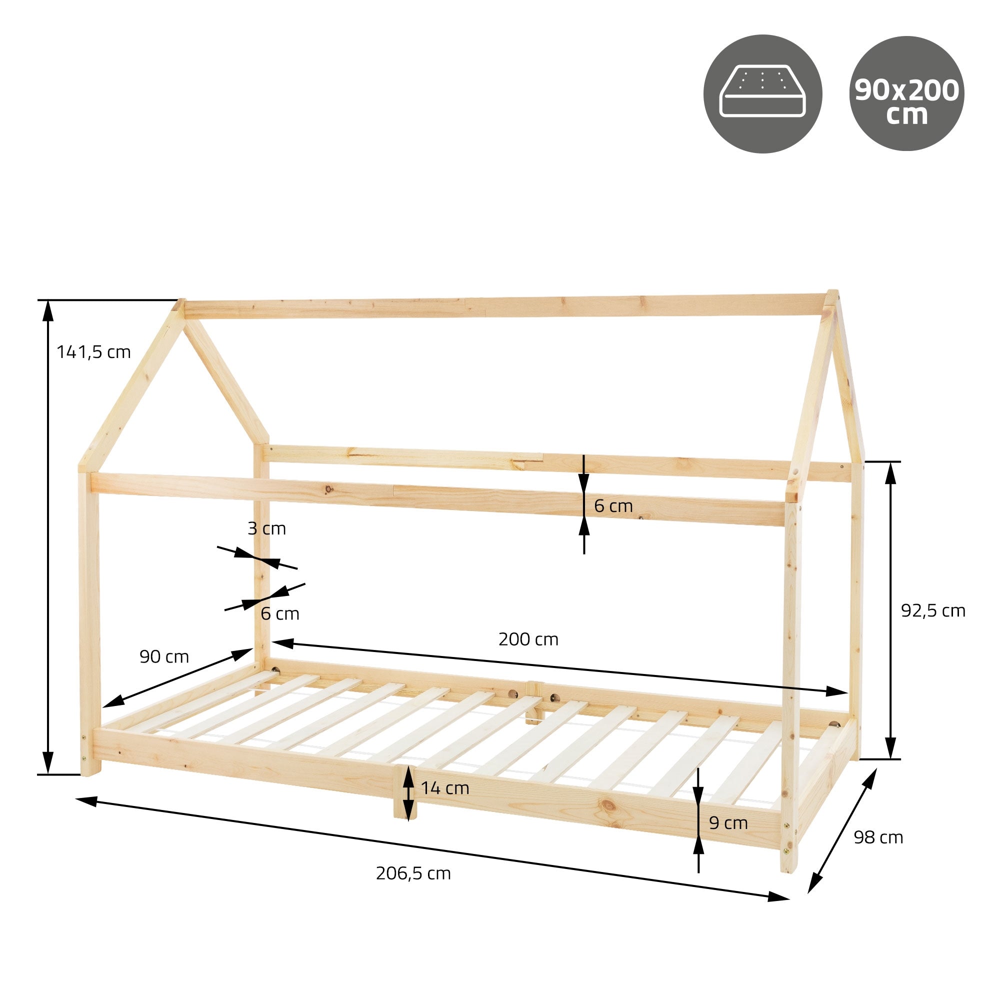 Houten kinderbed met afmetingen en lattenbodem, in natuurlijk hout.