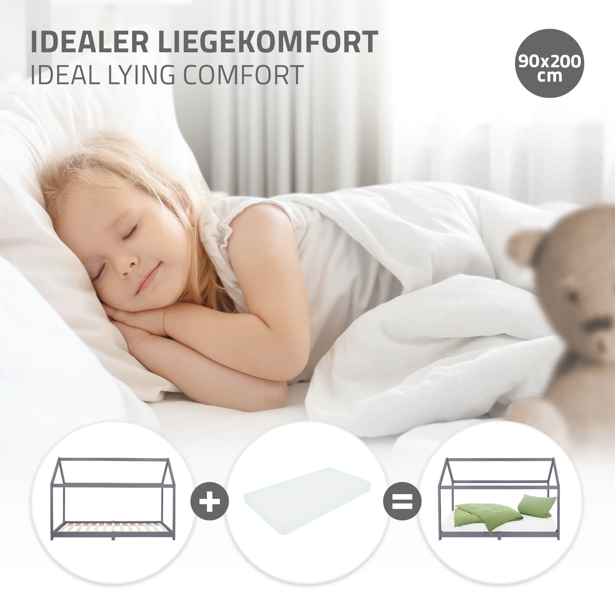 Child sleeping on a bed with pillow and blanket, 90x200 cm.