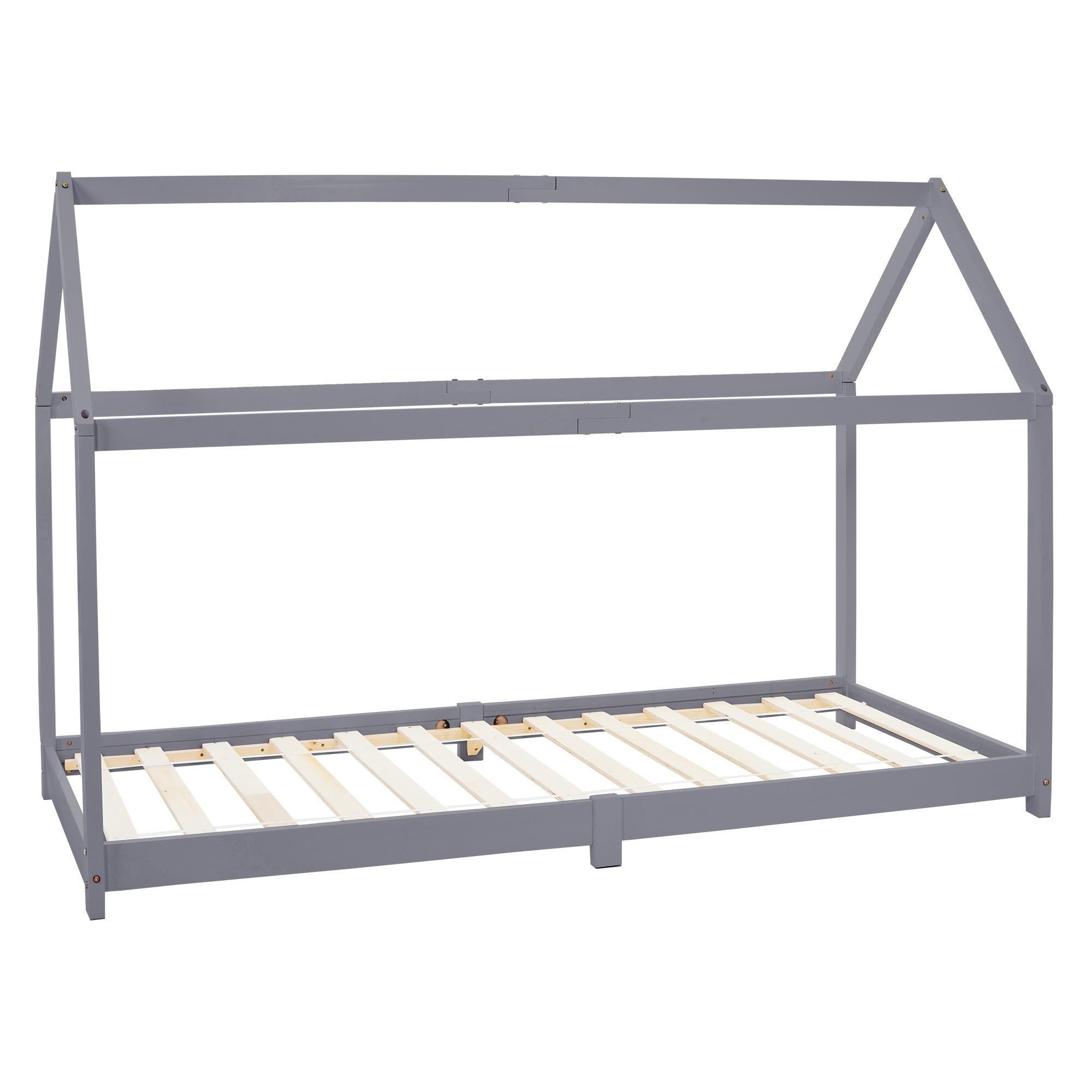 Gray wooden frame of a bed in roof shape.