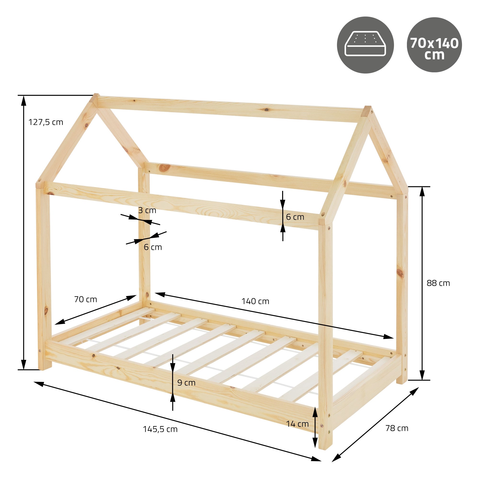 Cadre de lit en bois avec dimensions en cm, y compris la forme du toit.