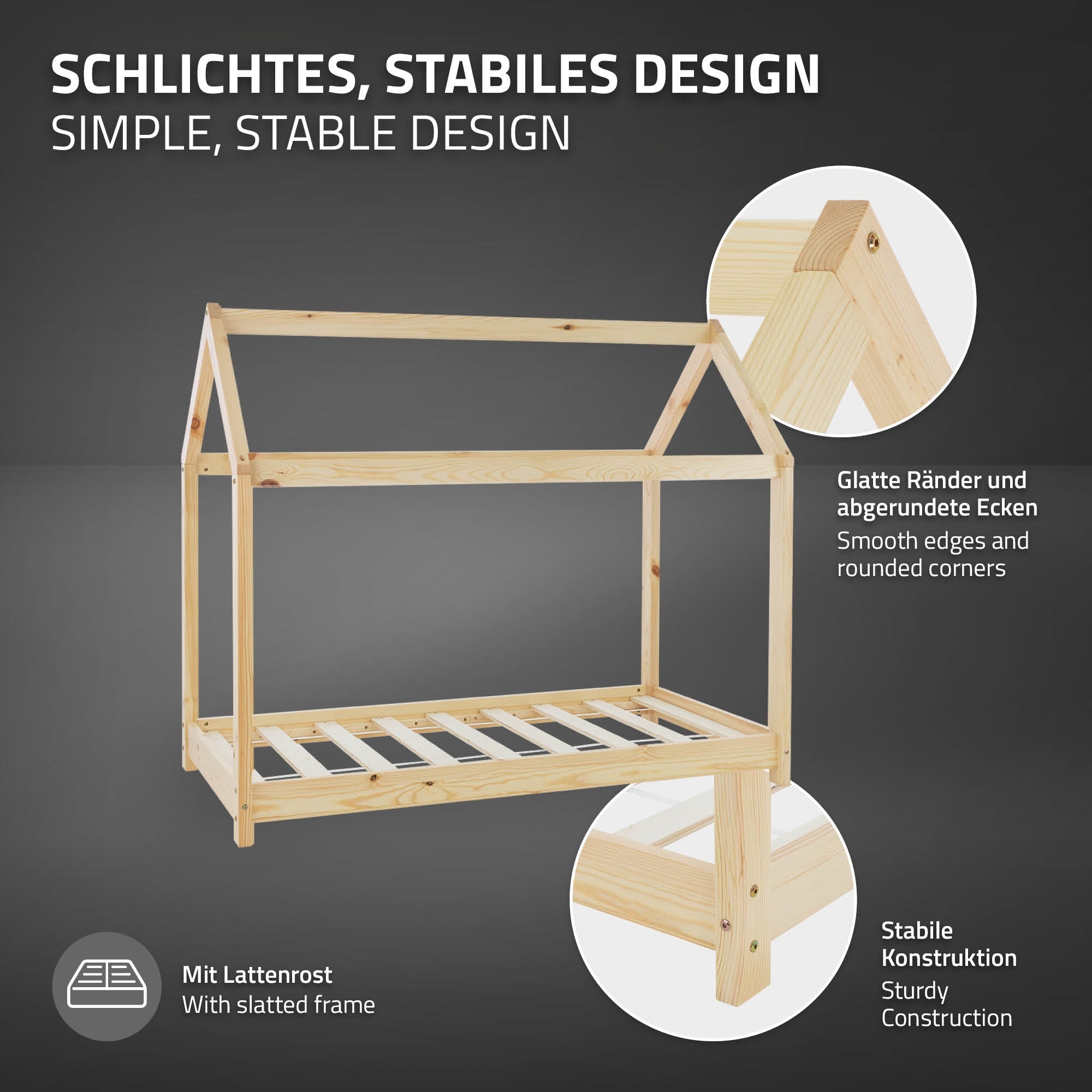 Wooden frame bed with stable construction, smooth edges, and slatted frame.