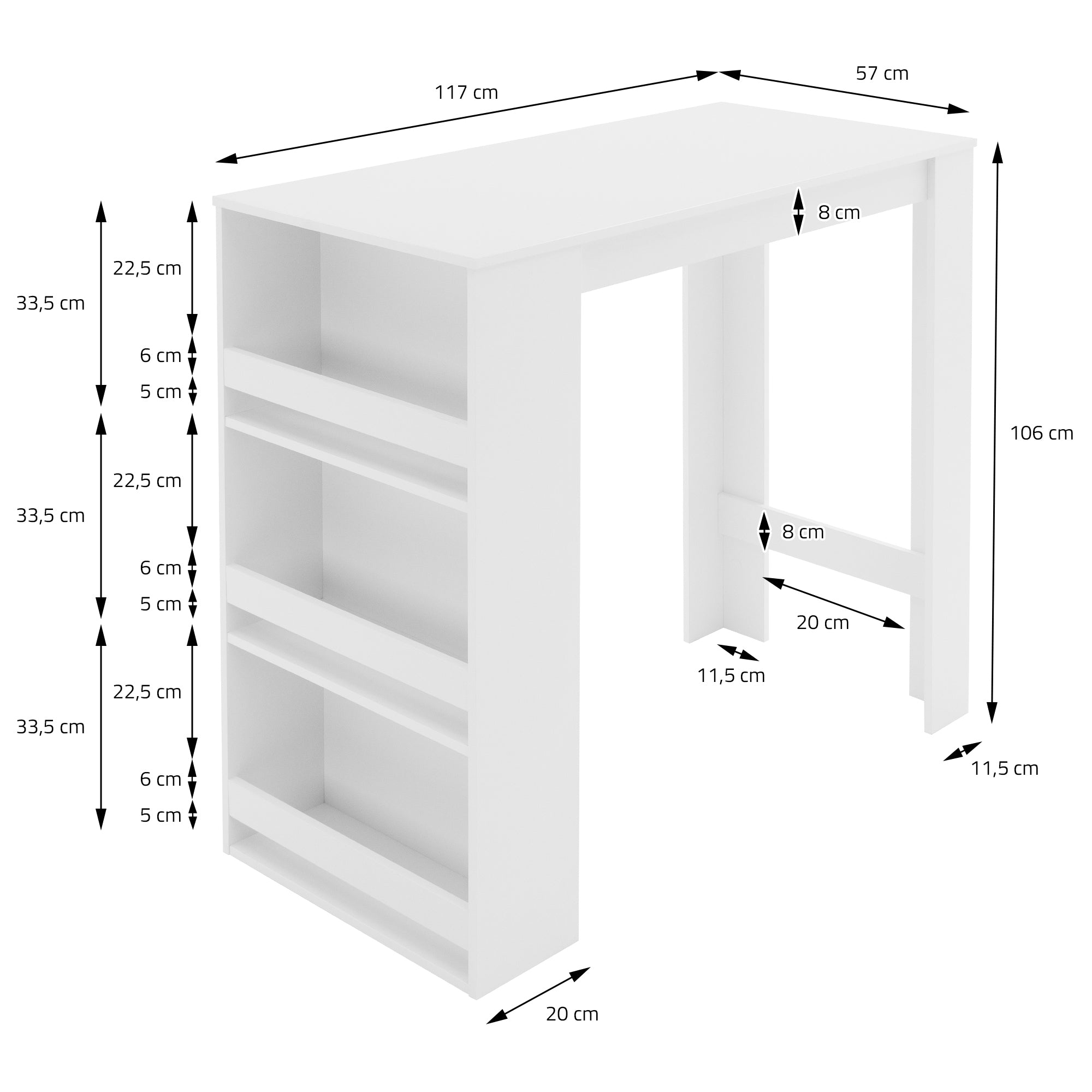 Bureau blanc avec dimensions et étagères.