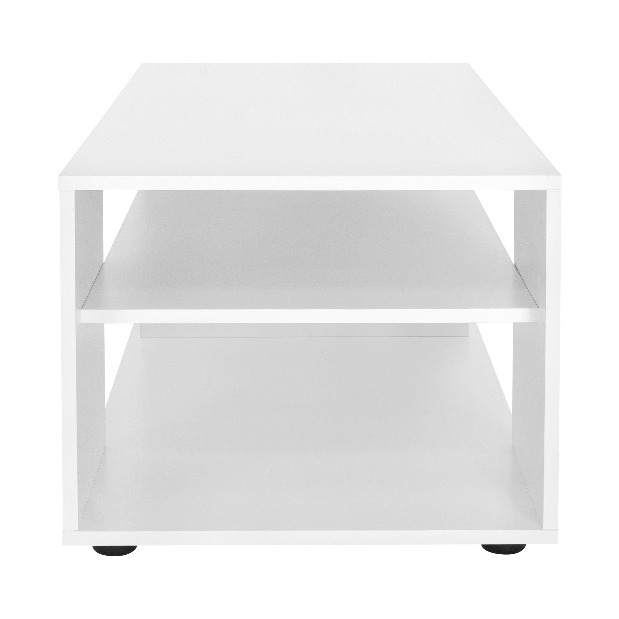 Mesa blanca con dos estantes abiertos, tomada de frente.