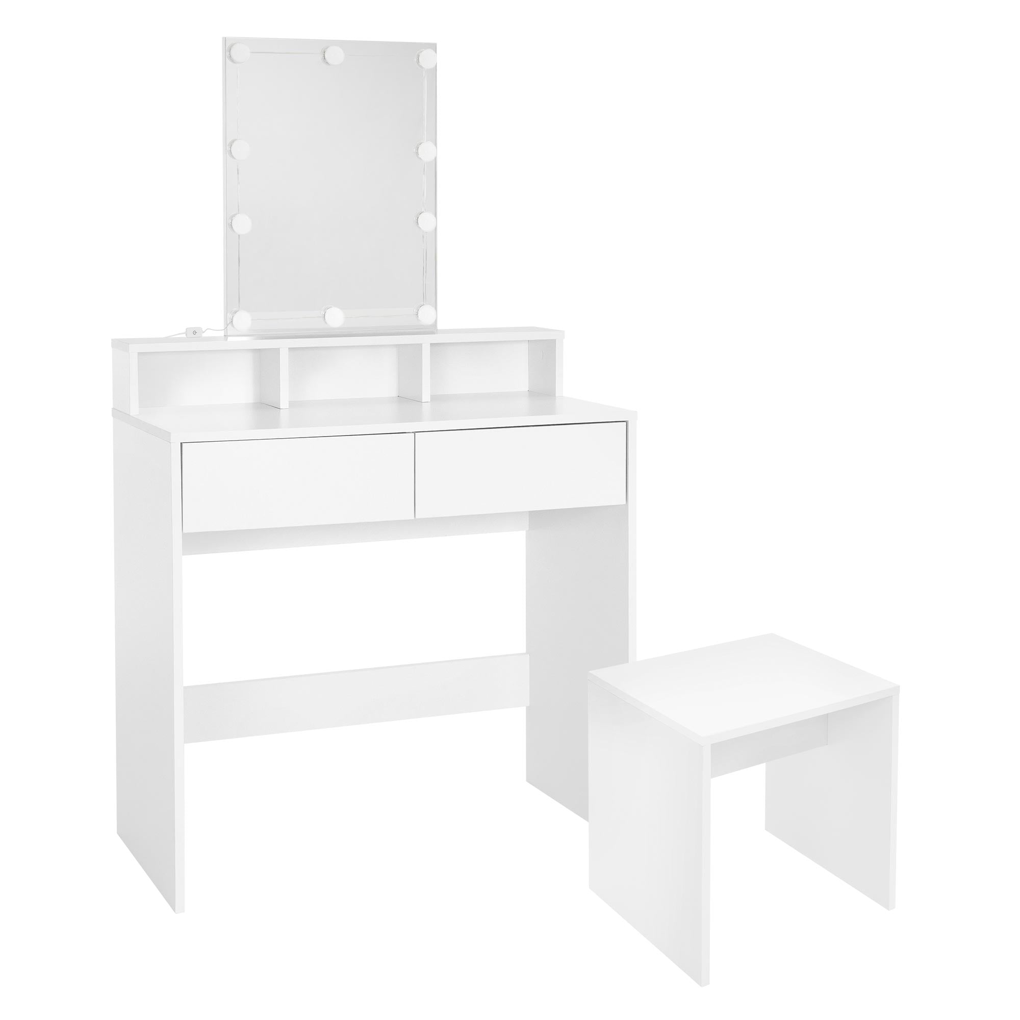 Coiffeuse blanche avec miroir, deux tiroirs et un tabouret.
